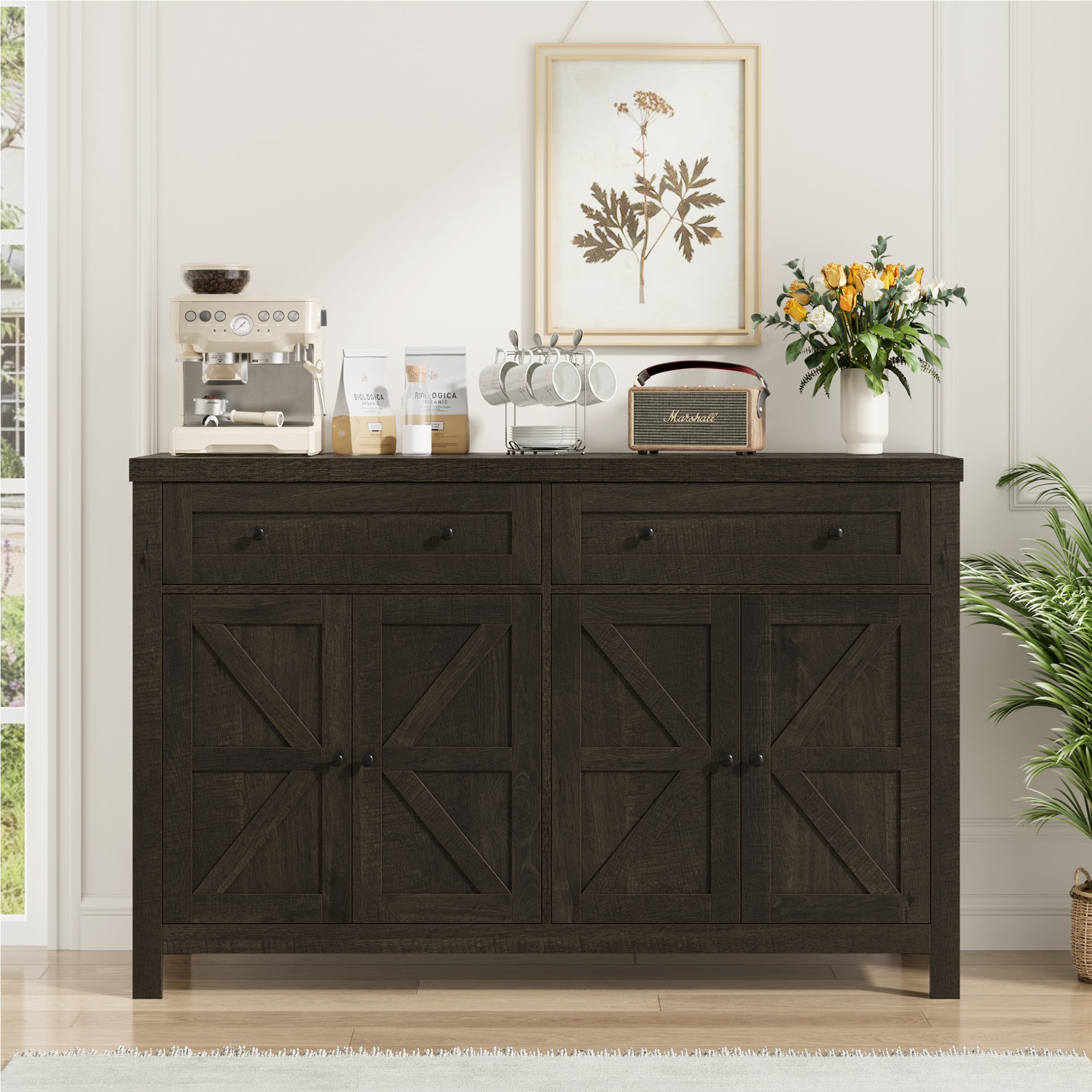 Hiphuta 55.1" Modern Sideboard Buffet, Credenza Storage Cabinets with Adjustable Shelf, 4-Doors & 2-Drawers, Dark Brown