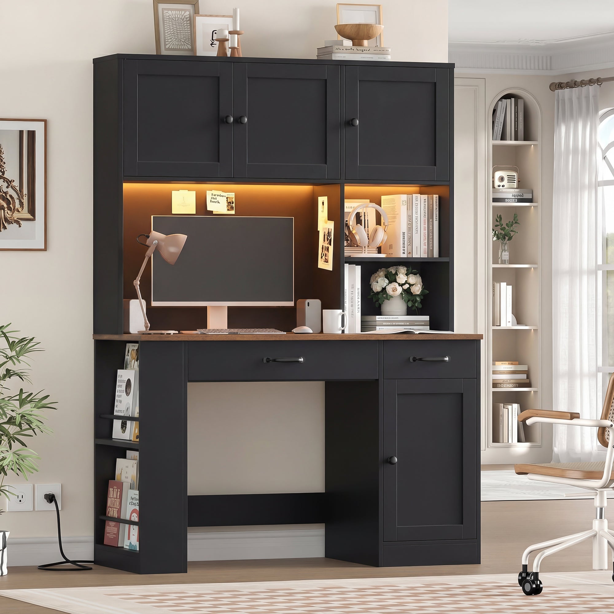 Hiphuta Executive Desk with Hutch & Power Outlets, Wood Writing Study Table with Adjustable Shelves, Home Office Computer Desk with Drawers, Black