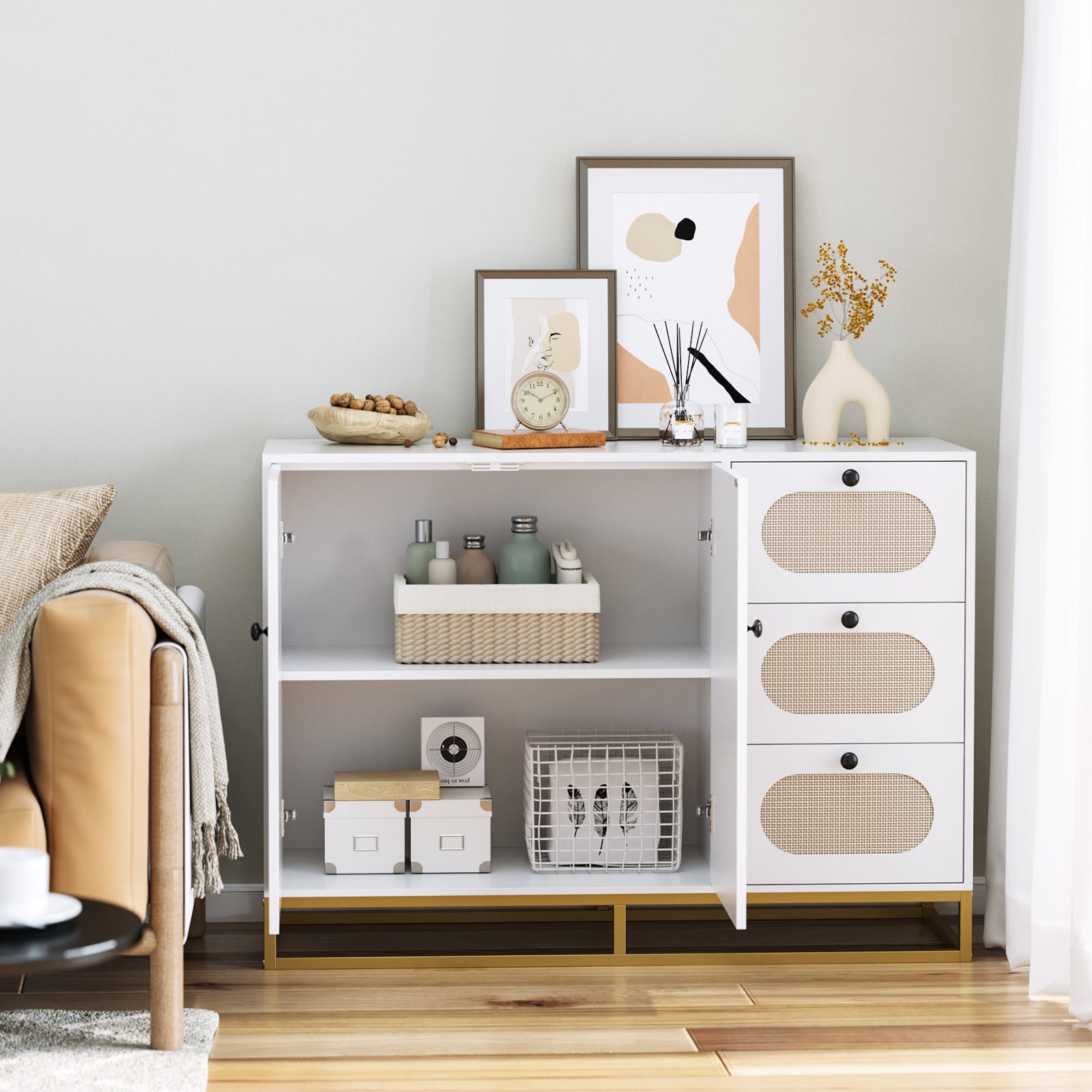 Hiphuta Accent Cabinet with 3 Rattan Drawers & 2 Rattan Doors, Sideboard with Display Shelf for Living Room, White