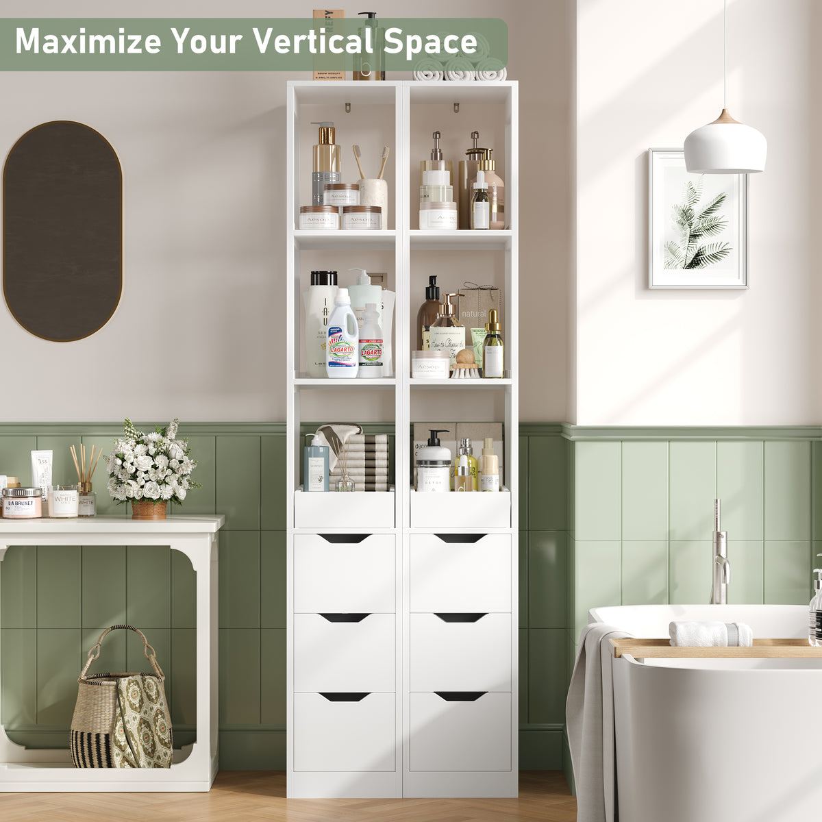 Hiphuta Bathroom Storage Tower with 3 Drawers, 67" Tall Bathroom Cabinet with 3-Tier Open Shelves, Narrow Linen Cabinet for Small Spaces, White