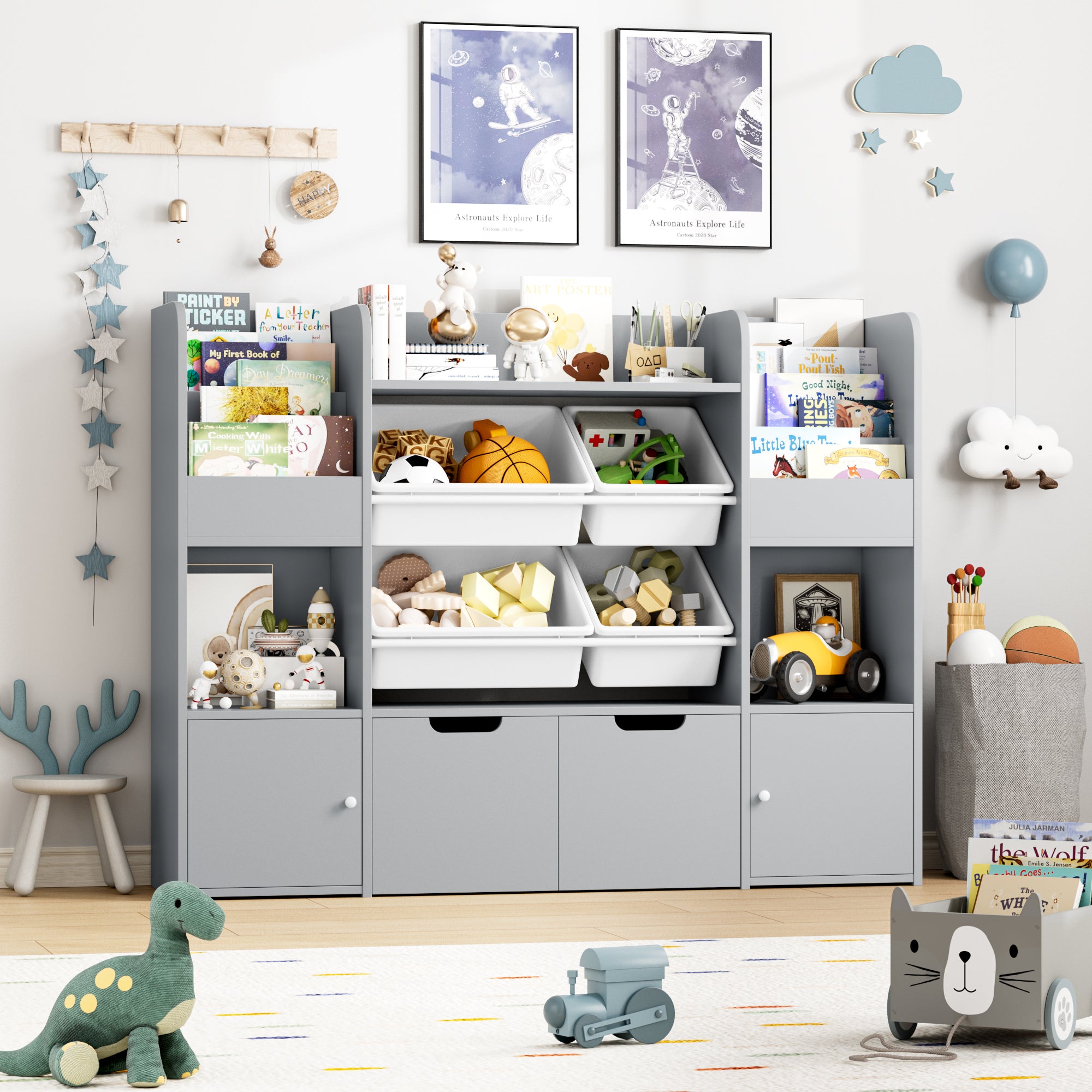 Hiphuta Kid's Toy Storage Organizer, Wood Toy Organizer of 4 Bins& 2 Removable Drawers, Children's Bookcase with Book Rack, Gray