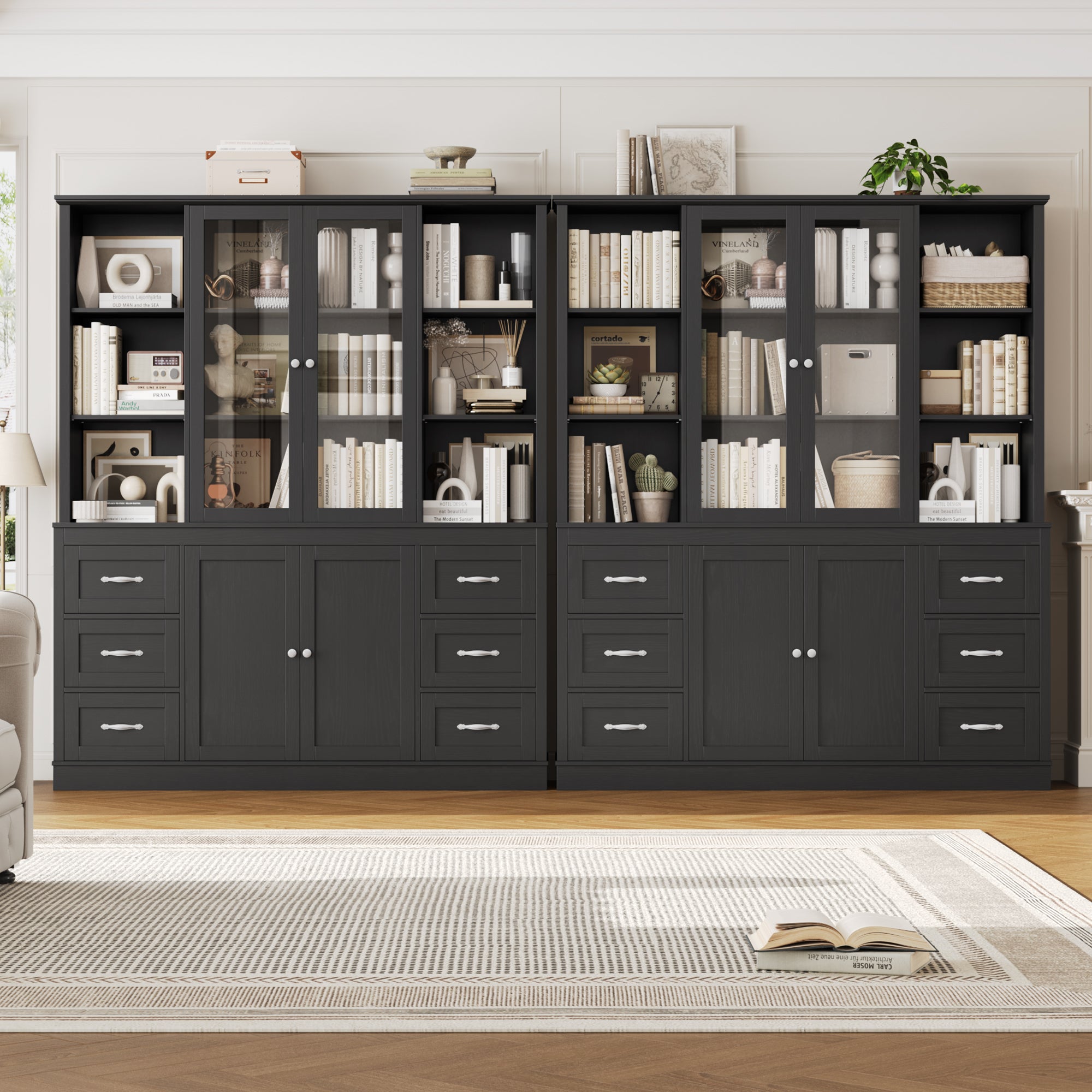 Hiphuta 74 in Tall Bookcase with 6 Drawers, Large Bookcase with Glass Door and Adjustable Shelves, Farmhouse Bookcase with Bark Texture, Black