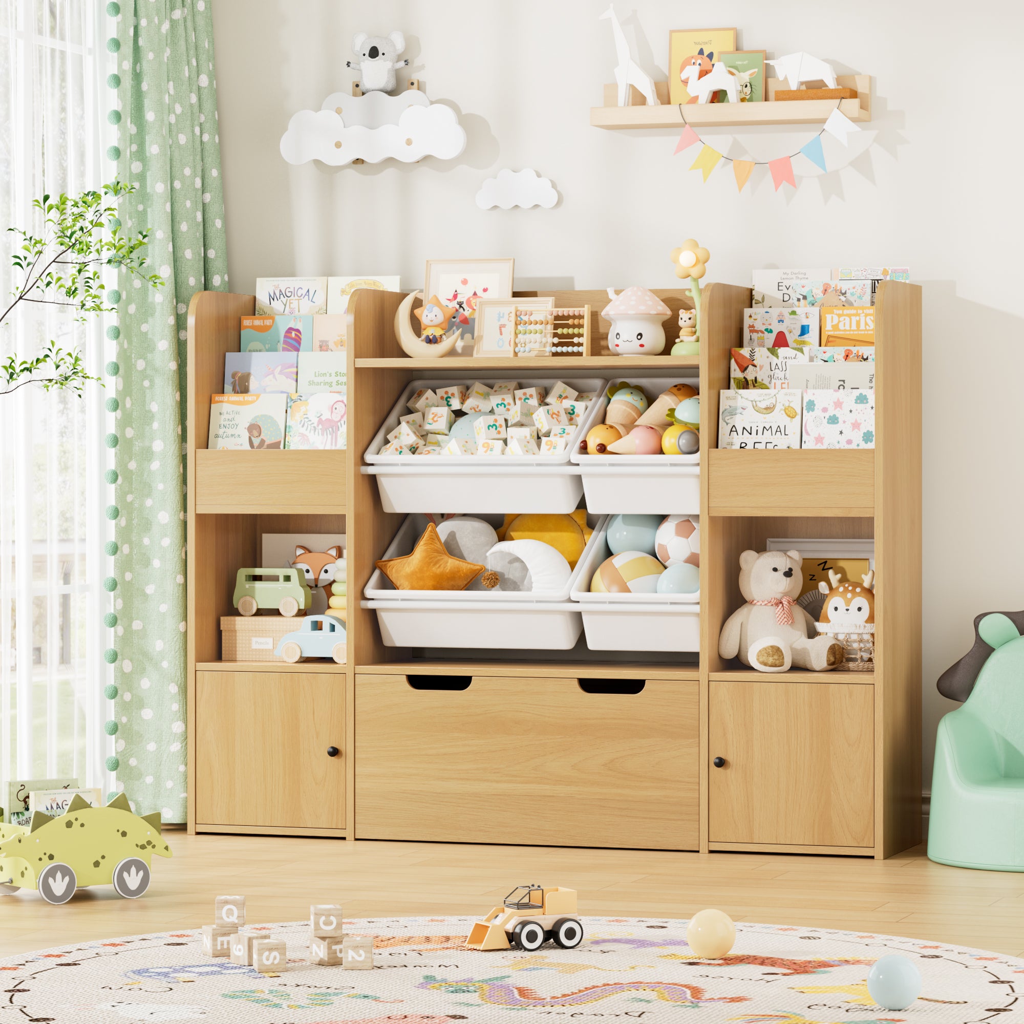 Hiphuta Kids Bookcase Toy Storage Organizer, Wooden Toy Organizer of 4 Bins& 1 Removable Drawers for Home Bedroom, Kids Bookshelf Toy Box with Book Rack, Natural