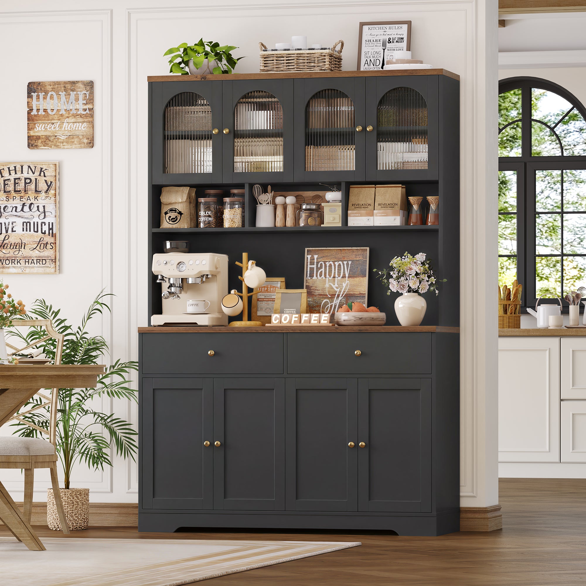 Hiphuta 71" Tall Pantry Cabinet with Arched Glass Doors, 47" Wide Kitchen Storage Cabinet with Microwave Stand & Charging Station, Hutch Cupboard for Kitchen Dining Room, Black