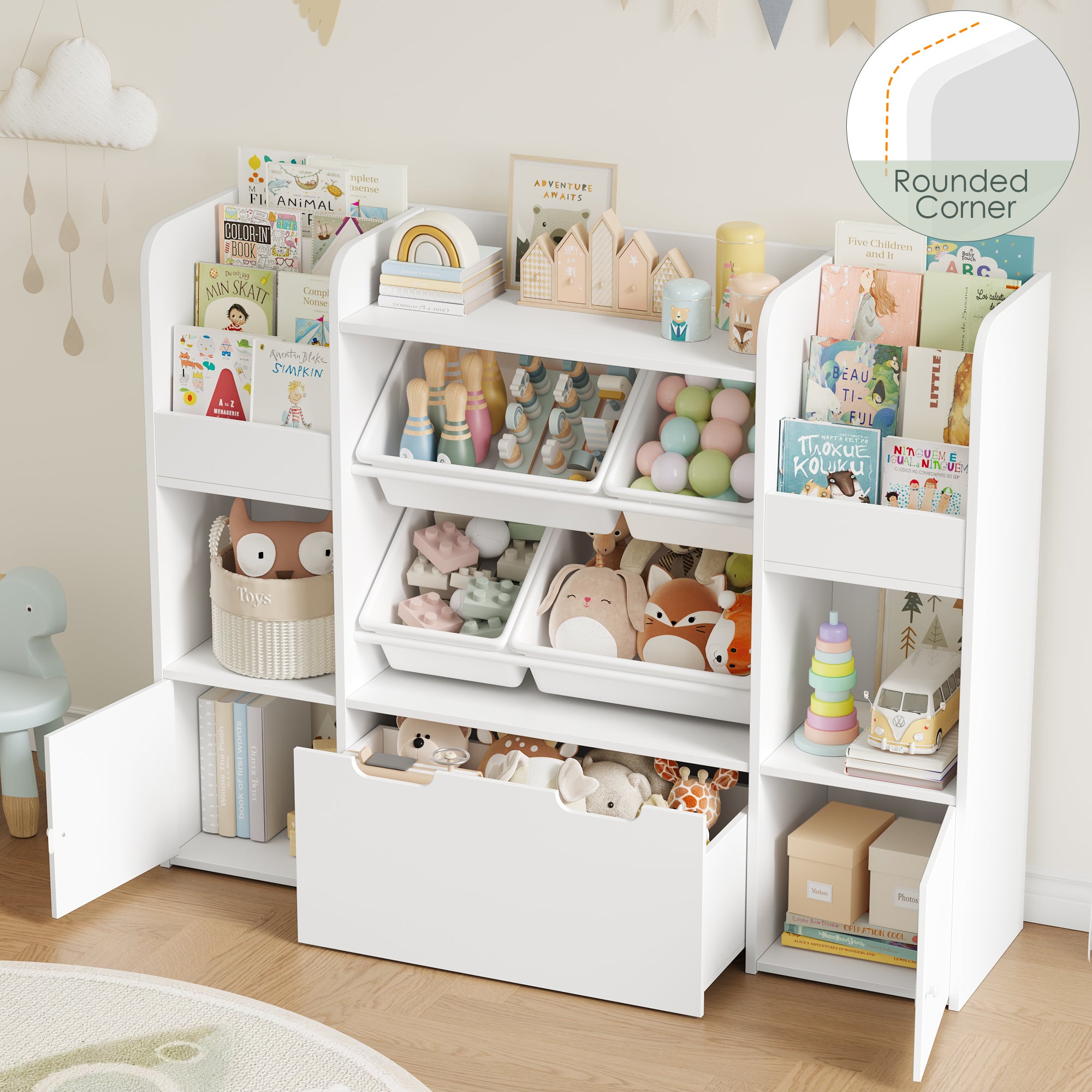 Hiphuta Kid Storage Toy Organizer, Wood Toy Storage Organizer with 4 Toy Boxes, Kids Bookcase with Book Rack, White