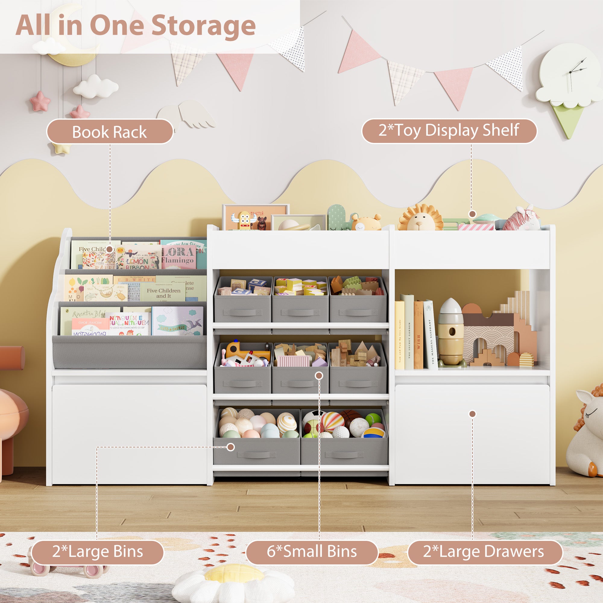 Hiphuta 62” Wide Kids Bookcase with Toy Storage Organizer, Wood Toy Organizer of 8 Fabric Boxes & 2 Removable Drawers, White