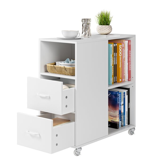 Hiphuta Movable End Side Table with 2 Drawers & Adjustable Shelf, Narrow Bedside Table, White