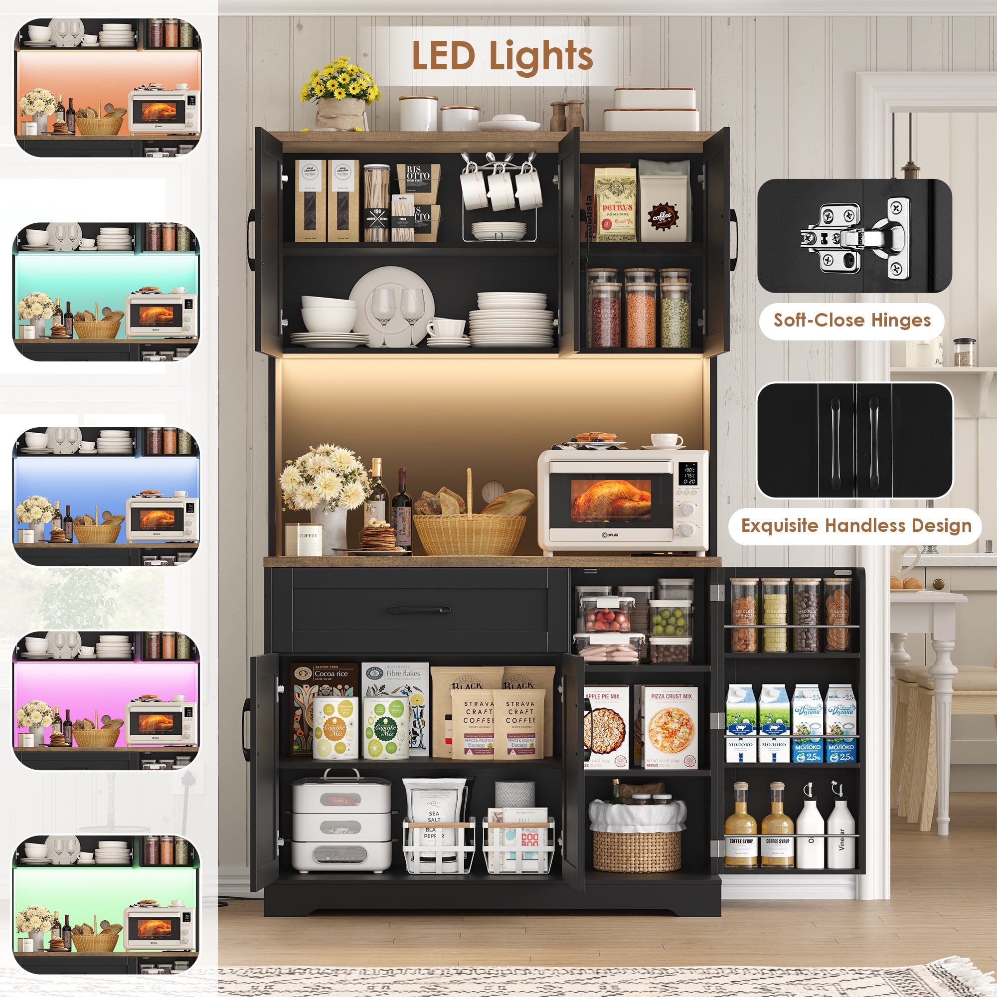 Hiphuta 71 Tall Modern Pantry Cabinet with Power Outlet & LED, Freestanding Kitchen Hutch Cabinet for Dining Room, Black