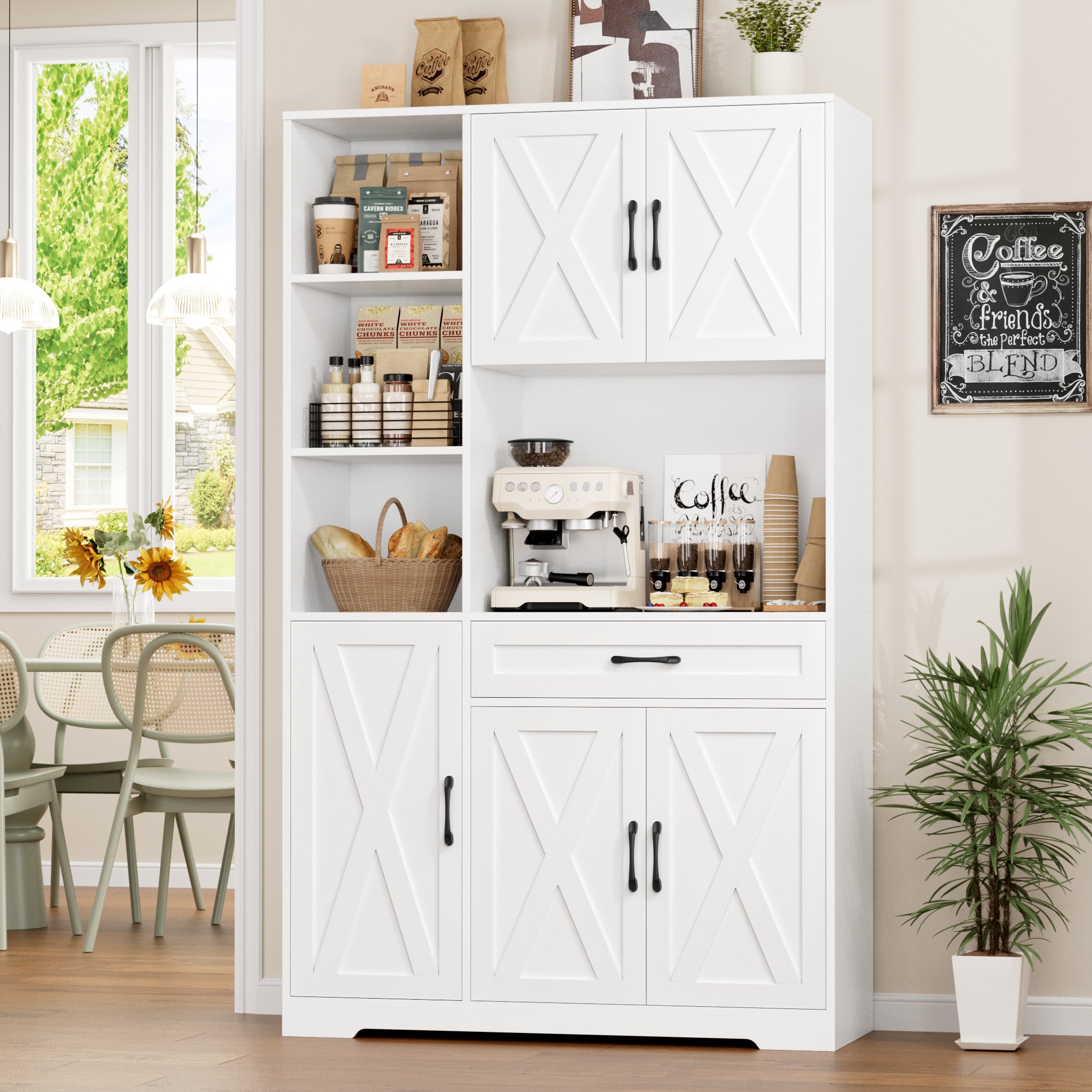 Hiphuta 71" Farmhouse Kitchen Pantry Storage Cabinet, Freestanding Hutch with Doors, Shelves & Microwave Stand, Cupboard for Dining Room, White