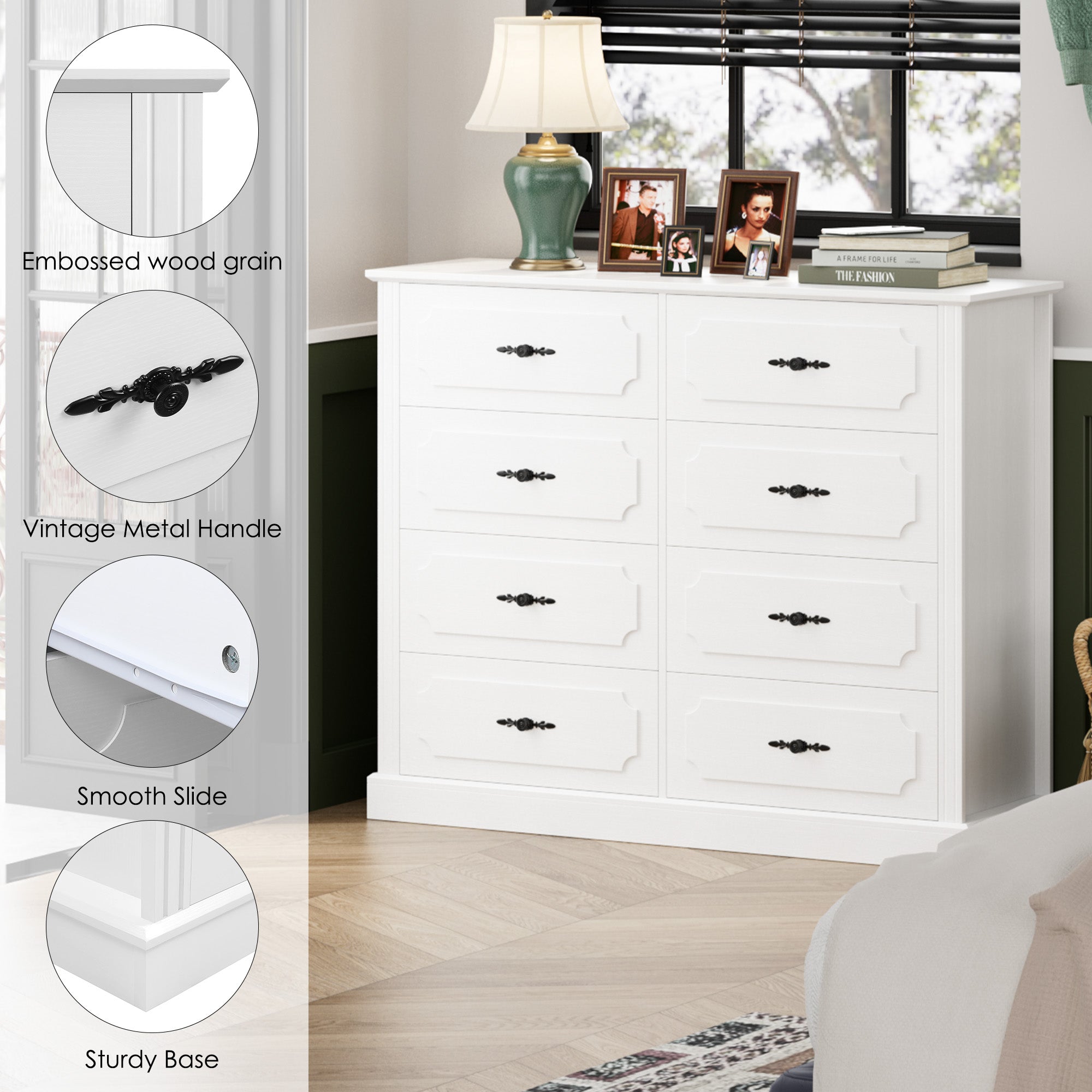 Hiphuta 47'' Wide Vintage 8 Drawer Double Dresser, Chest of Drawers for Bedroom, White