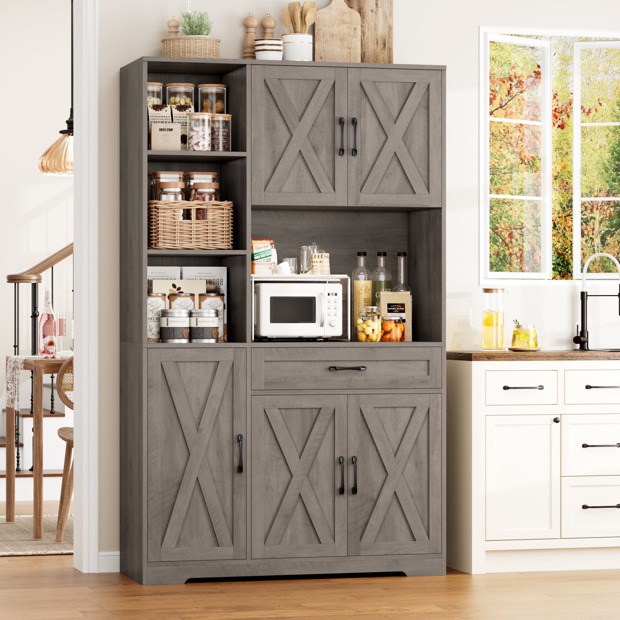 Hiphuta 71" Farmhouse Kitchen Pantry Storage Cabinet, Freestanding Hutch with Doors, Shelves & Microwave Stand, Cupboard for Dining Room, Ash Gray