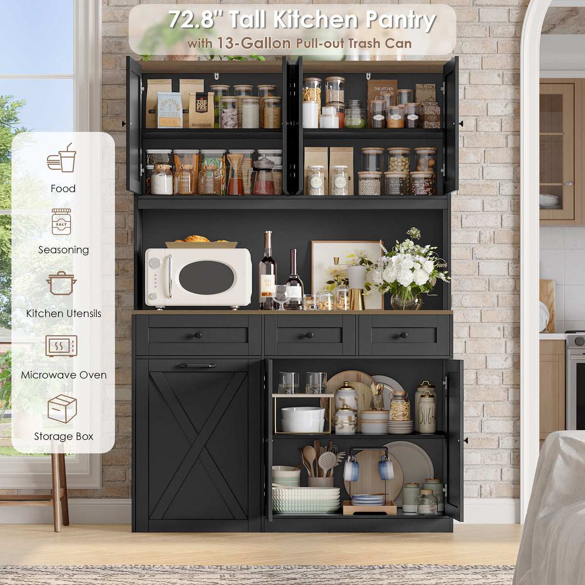 Hiphuta 73” Tall Kitchen Pantry Cabinet Fits 13 Gallon Trash Can Cabinet, Farmhouse Kitchen Storage Hutch with Pull Out Trash Can Storage for Dining Room Living Room, Black