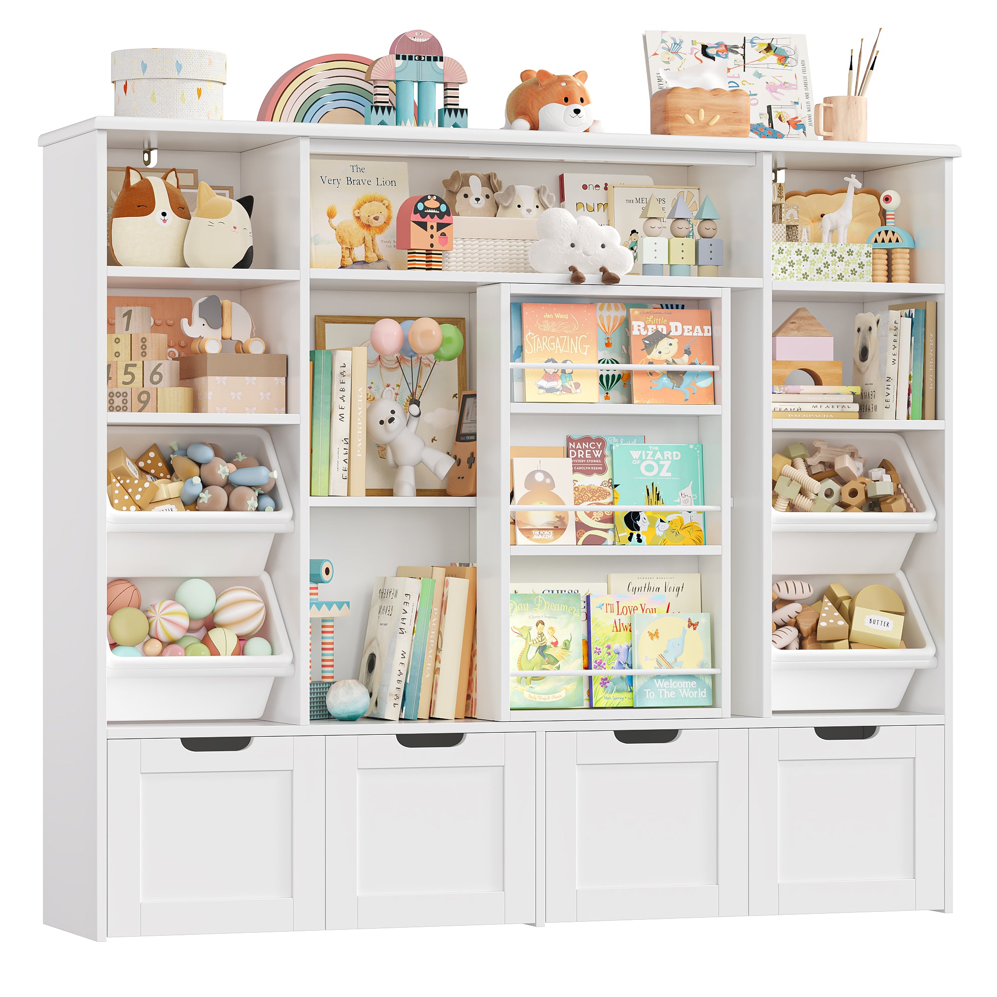 Hiphuta Kid Toy Storage with Bookshelf, Kid Toy Organizer with 4 Removable Drawers, Kid Bookcases with Toy Box for Kid Bedroom Playroom, White