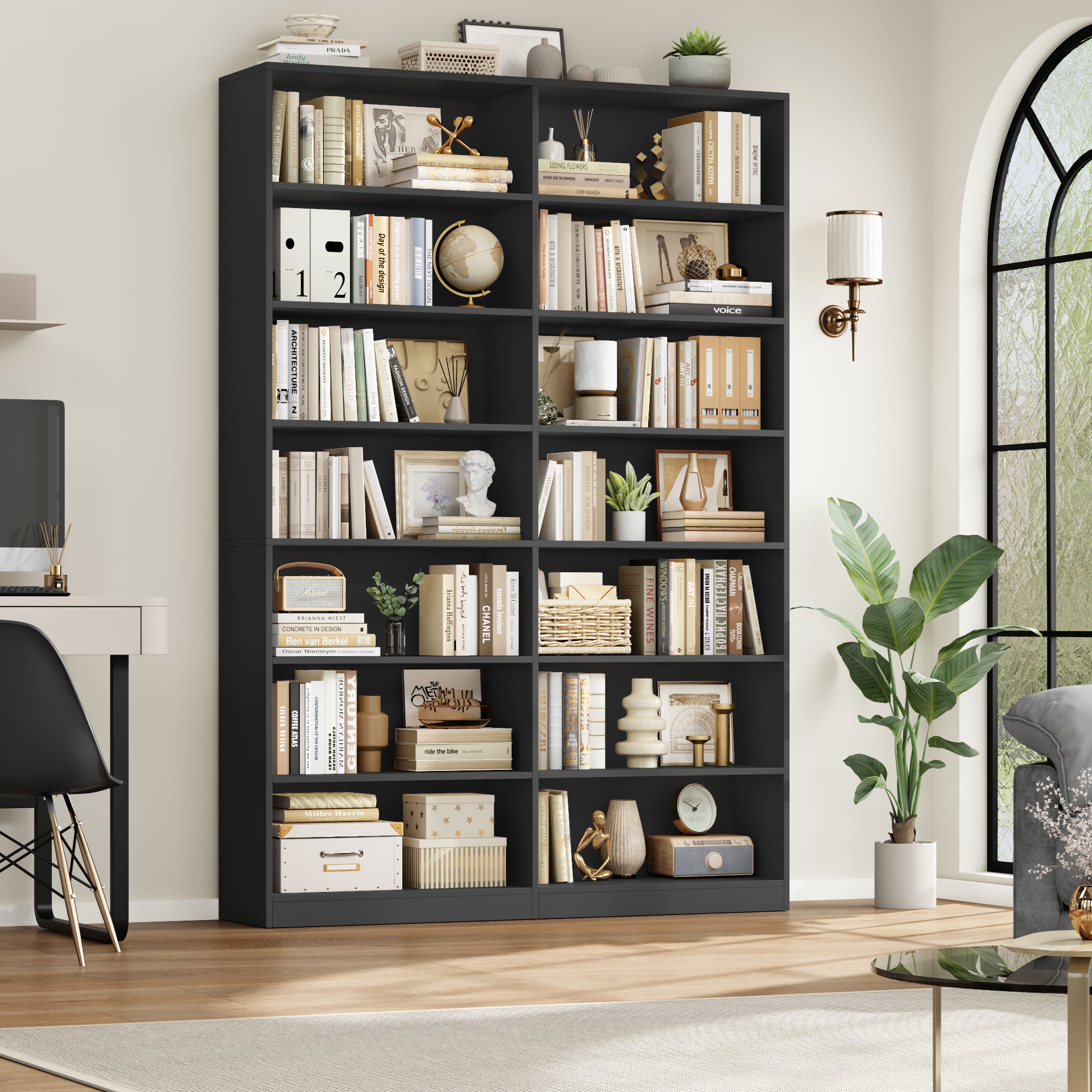Hiphuta 84"H Wooden Double 7-Tier Tall Bookcase, Standard Bookcase for Living Room and Office, Freestanding Display Storage Shelves, Black