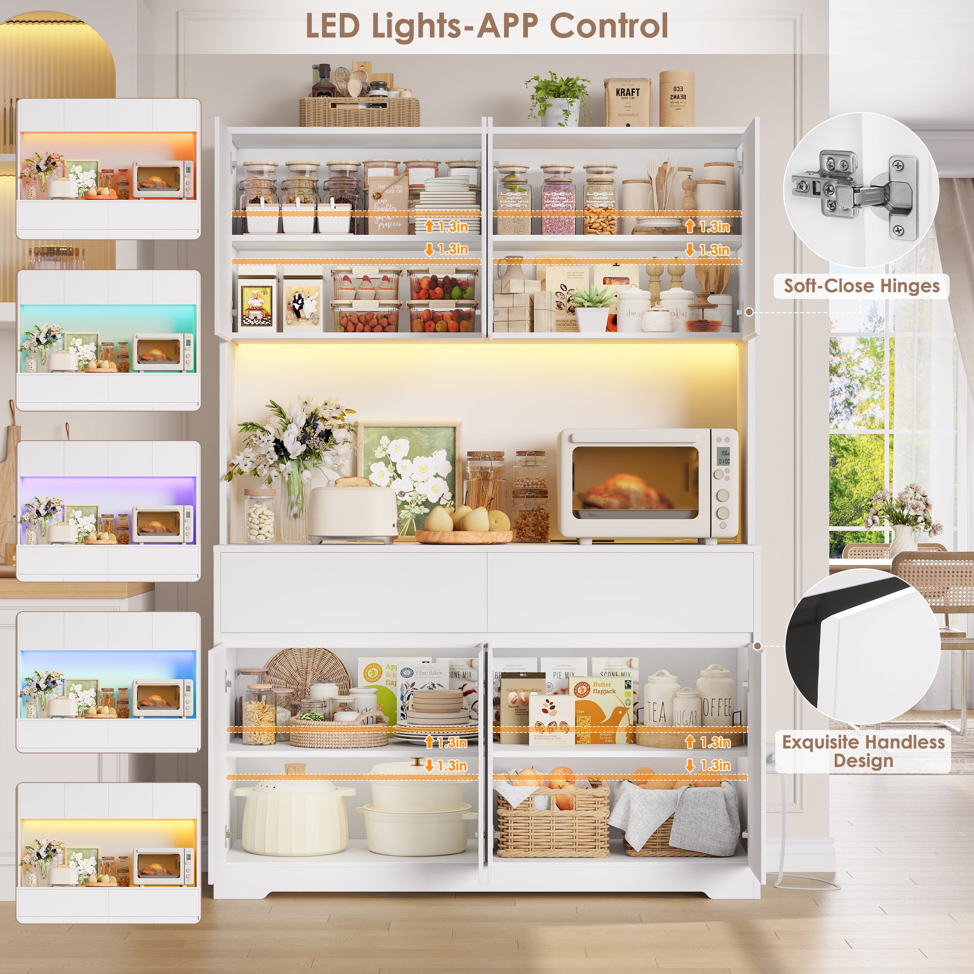 Hiphuta 71"Tall Modern Pantry Cabinet with Charge Station & Led Light, Freestanding Kitchen Hutch Cabinet for Dining Room, White