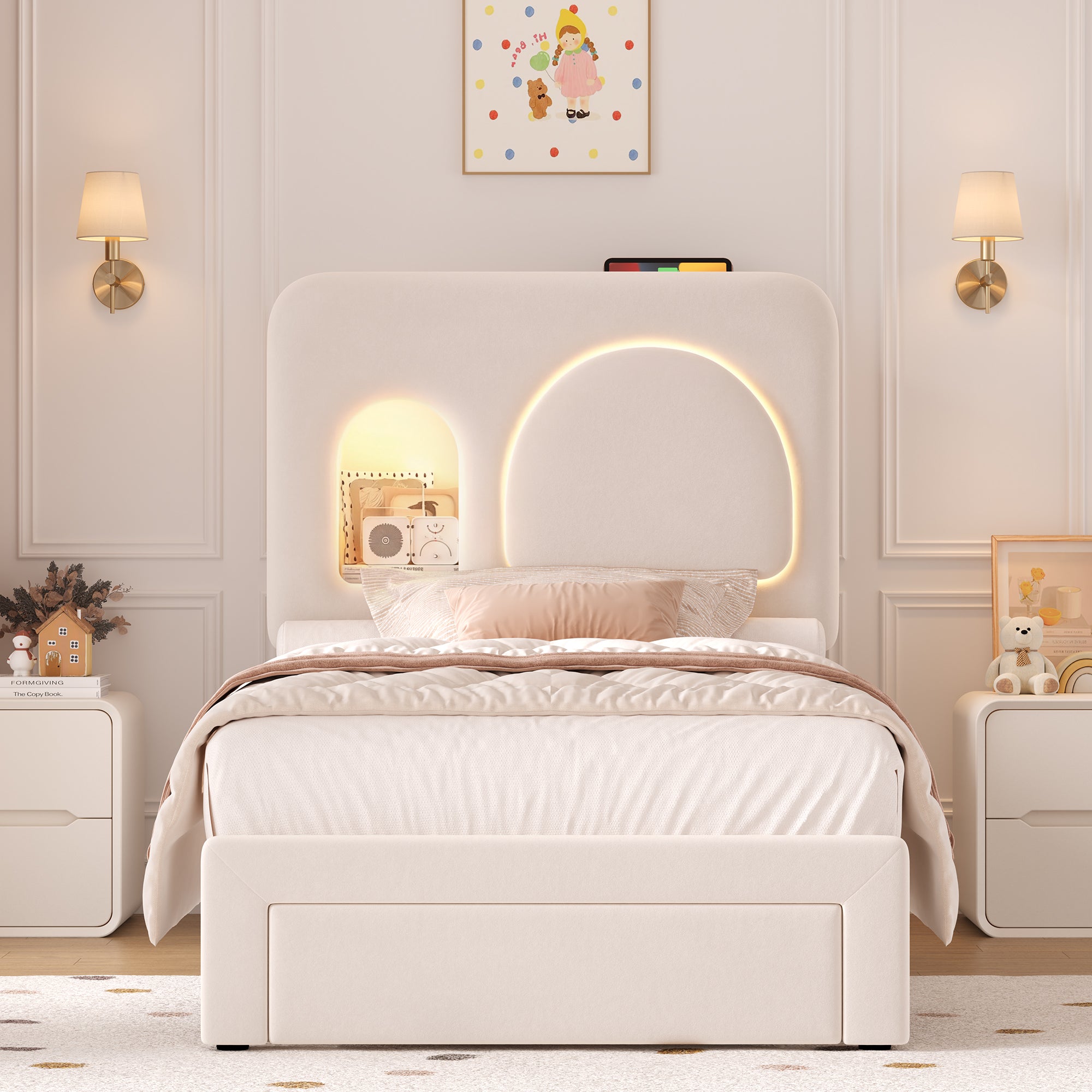 Hiphuta Twin Size Bed Frame with RGB LED and Power Outlets, Velvet Upholstered Platform Bed with Drawer and Side Storage, White