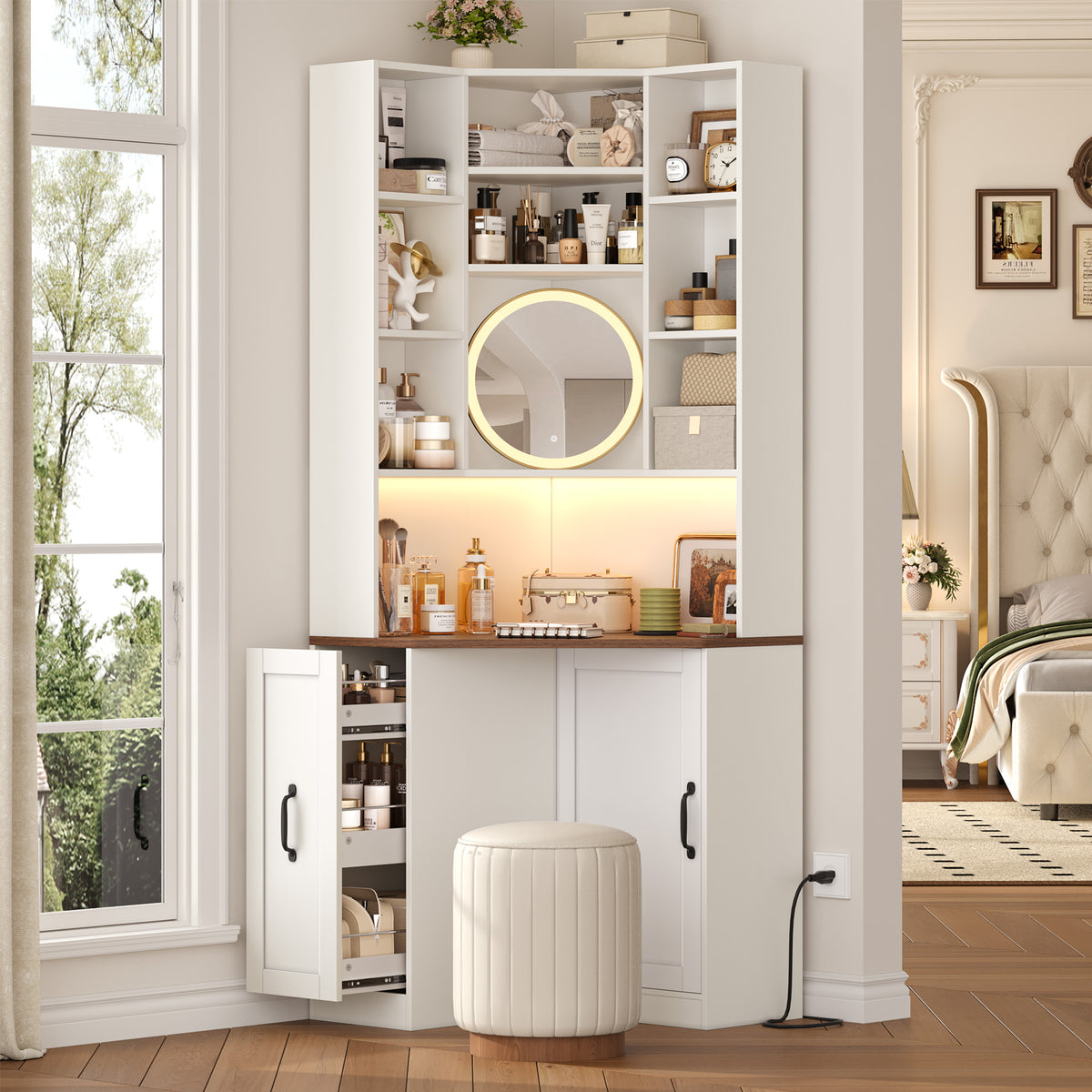 Hiphuta 71" Tall Corner Bookcase with Pull-out Storage Rack, LED Corner Bookshelves with Door and Desktop, and Corner Vanity Cabinet for Home Office Bedroom, White