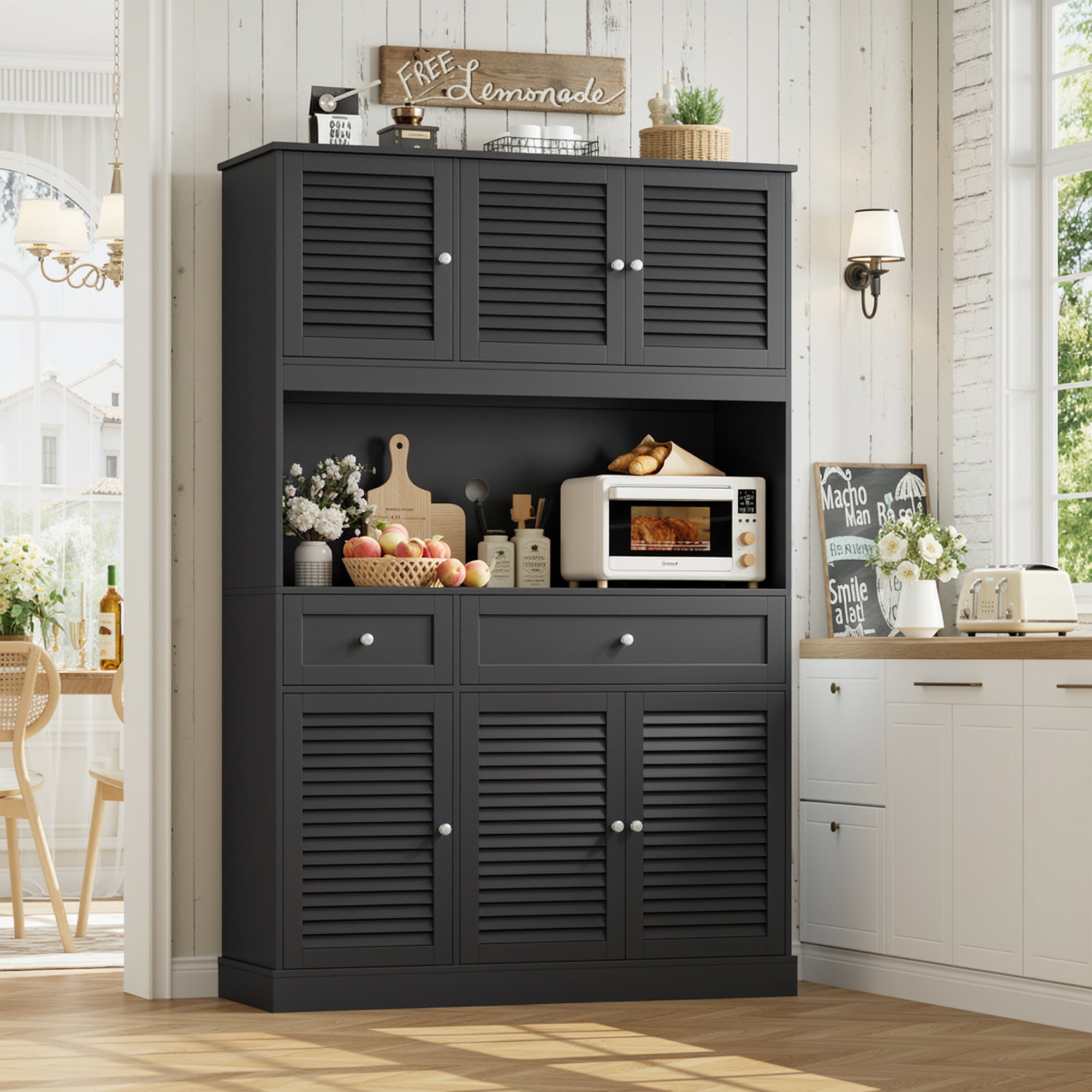 Hiphuta 70” Tall Modern Pantry Cabinet with Adjustable Shelves, Freestanding Kitchen Hutch Cabinet with Louvered Door for Dining Room, Black