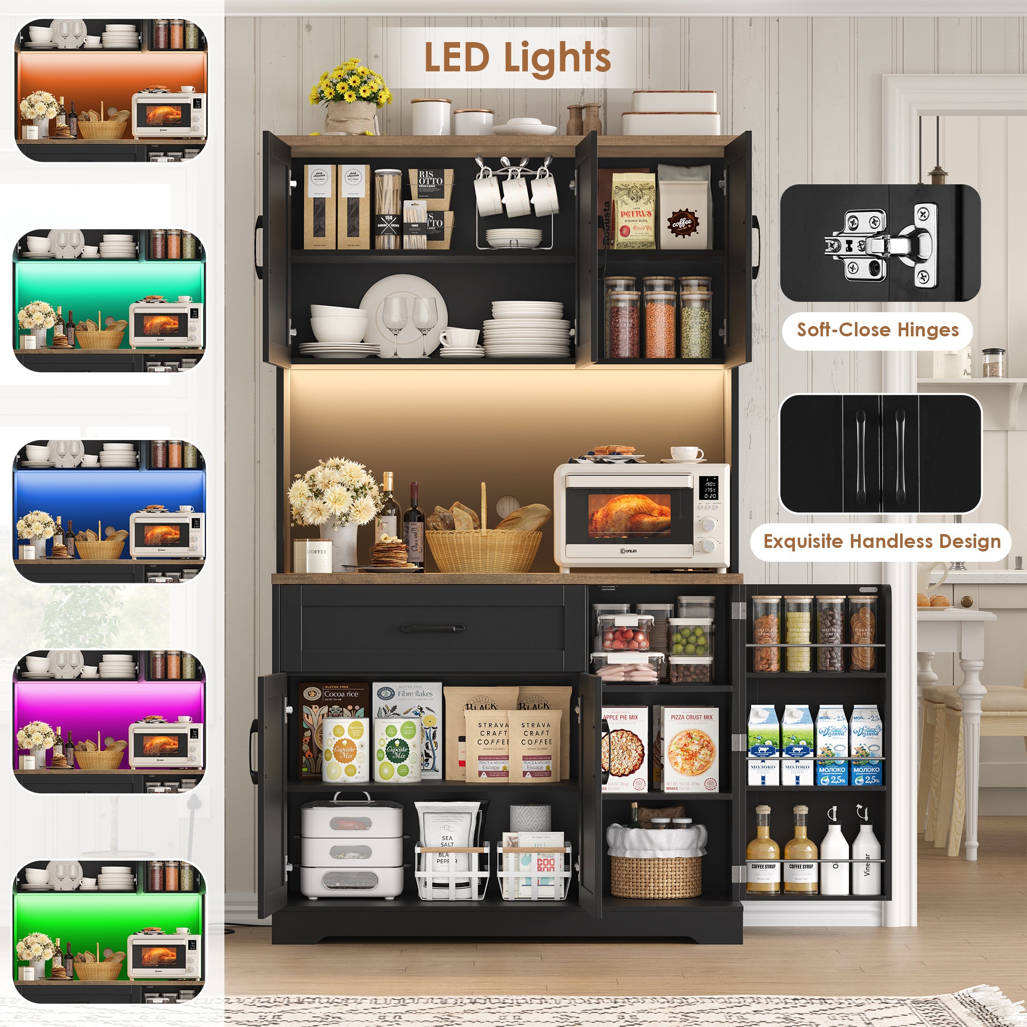 Hiphuta 71”Tall Modern Pantry Cabinet with Power Outlet & LED, Freestanding Kitchen Hutch Cabinet for Dining Room, Black