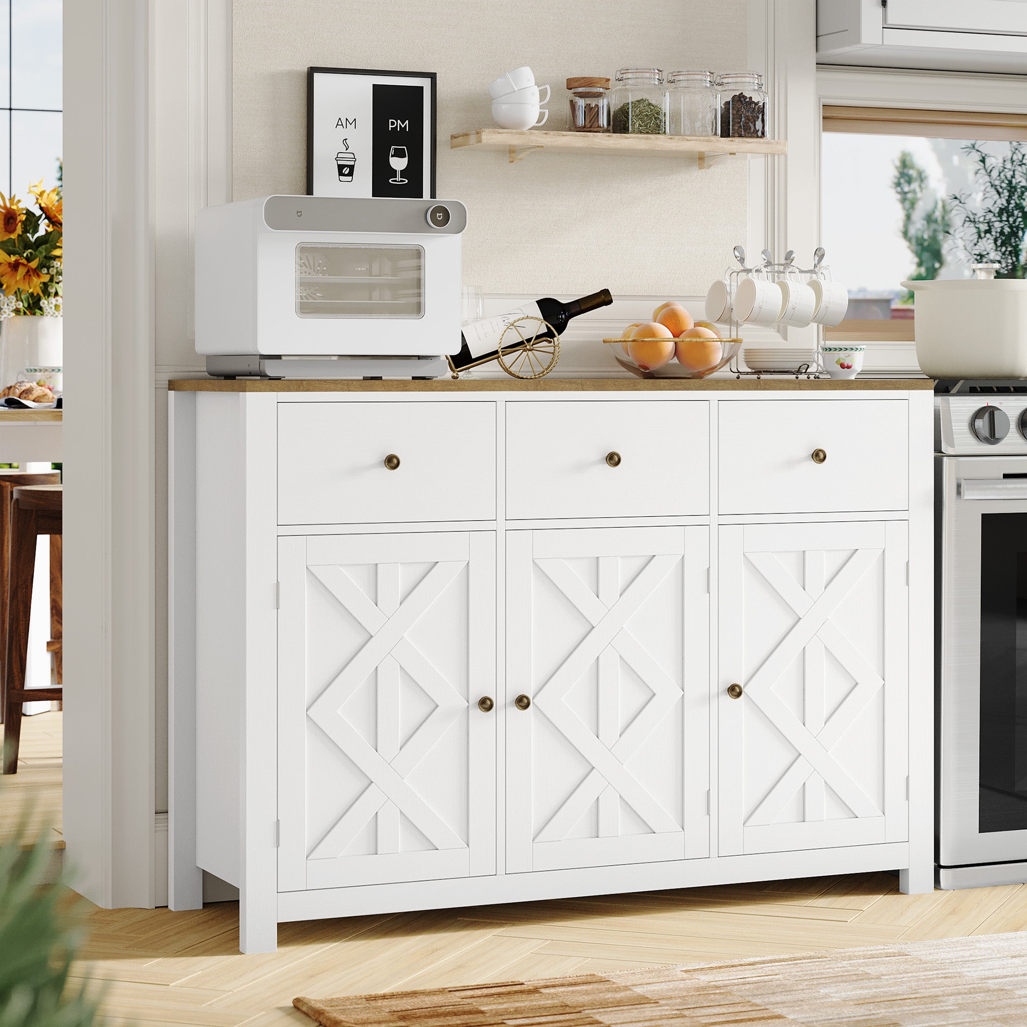 Hiphuta Farmhouse Kitchen Buffet Sideboard with 3 Drawers, Wood Storage Cabinet with Adjustable Shelves, White