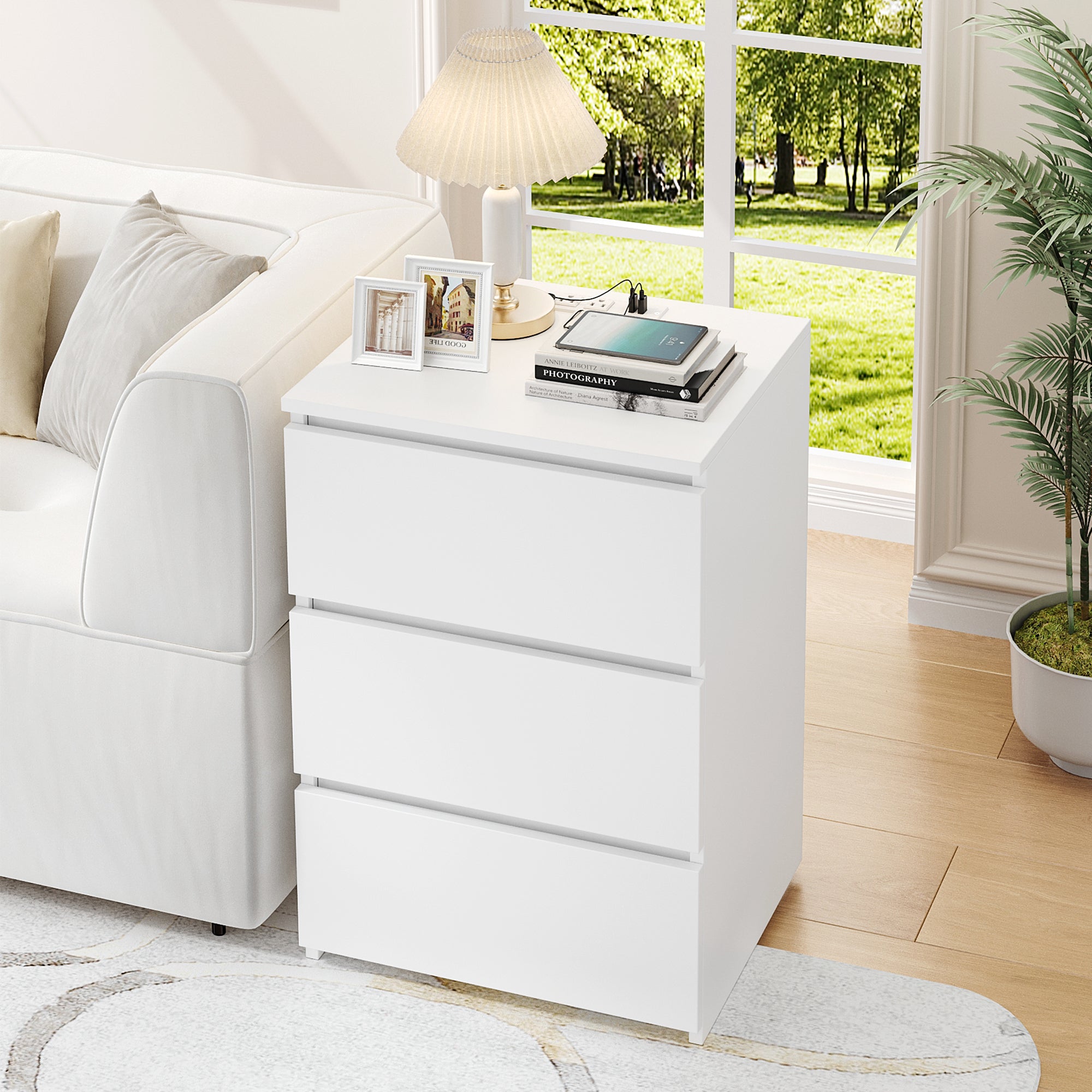 Hiphuta 3 Drawers Nightstand with 2 Outlets & 2 USB Port, Wooden Nightstand for Bedroom, White