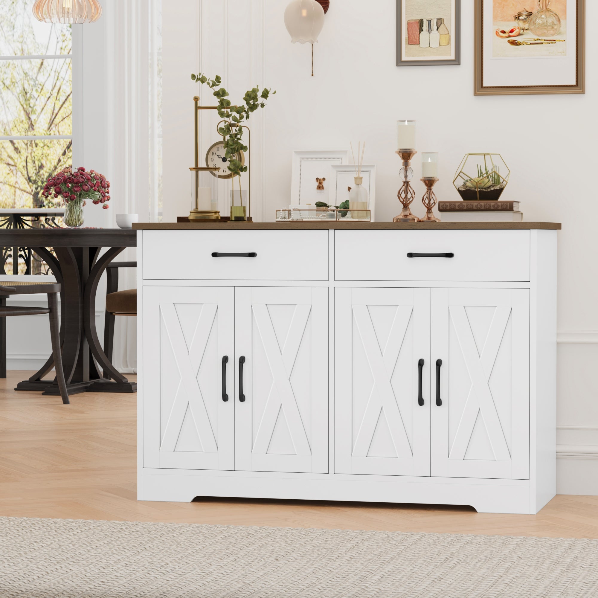 Hiphuta 47" Farmhouse Sideboard Storage Cabinets with 4 Doors & 2 Drawers, Cabinet with Brown Top for Living Room, White