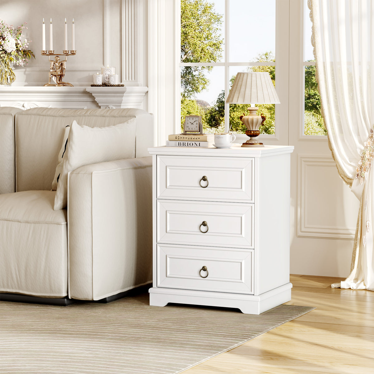 Hiphuta Vintage Nightstand with 3 Large Drawers, Farmhouse Bedroom Bedside Tables with Charging Station, Sofa Tables End Tables for Bedroom and Living Room, White