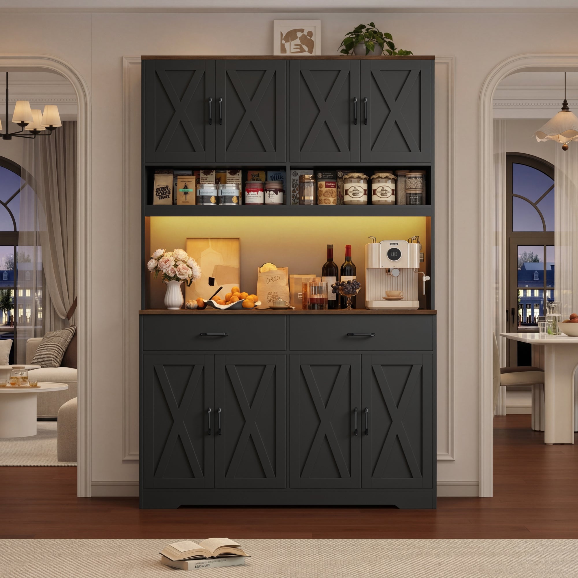 Hiphuta Farmhouse Kitchen Pantry Storage Cabinet, 75”H Freestanding Hutch with 8 Doors and 2 Drawers for Dining and Living Room, Black