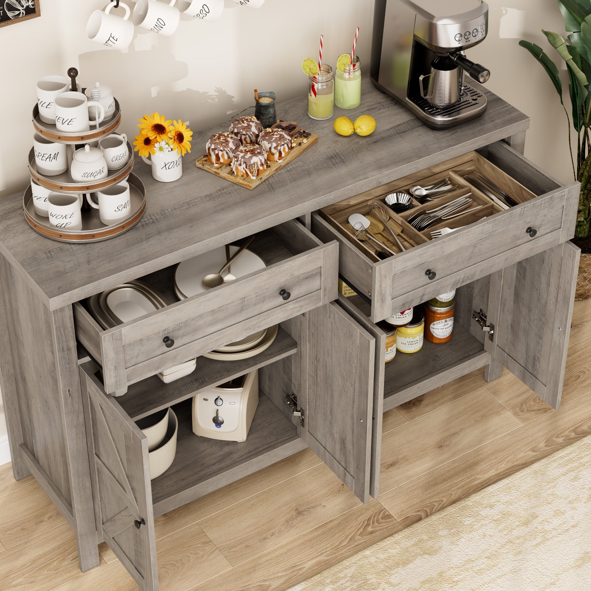 Hiphuta 55.1" Modern Sideboard Buffet, Credenza Storage Cabinets with Adjustable Shelf, 4-Doors & 2-Drawers, Ash Gray