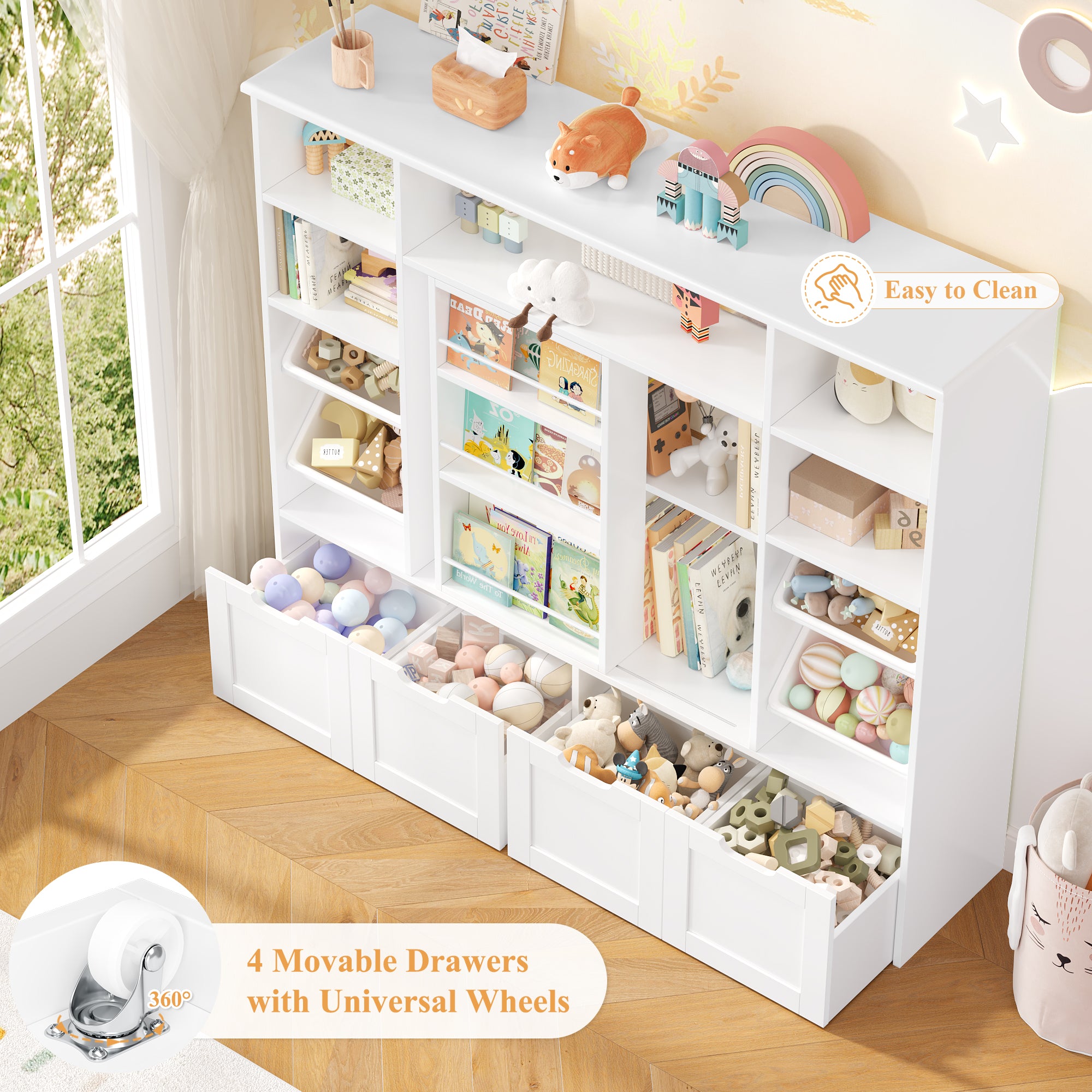 Hiphuta Kid Toy Storage with Bookshelf, Kid Toy Organizer with 4 Removable Drawers, Kid Bookcases with Toy Box for Kid Bedroom Playroom, White