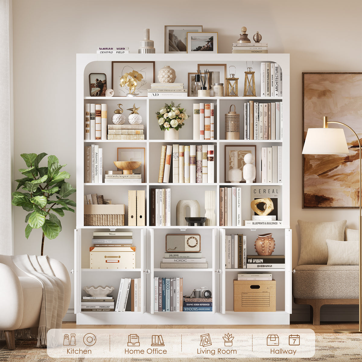 Hiphuta 71" Tall 4-Tier Bookcase with 10 Open Cubes, 56" Wide Extra Large Display Bookshelf with 4 Doors, for Living Room Home Office, White