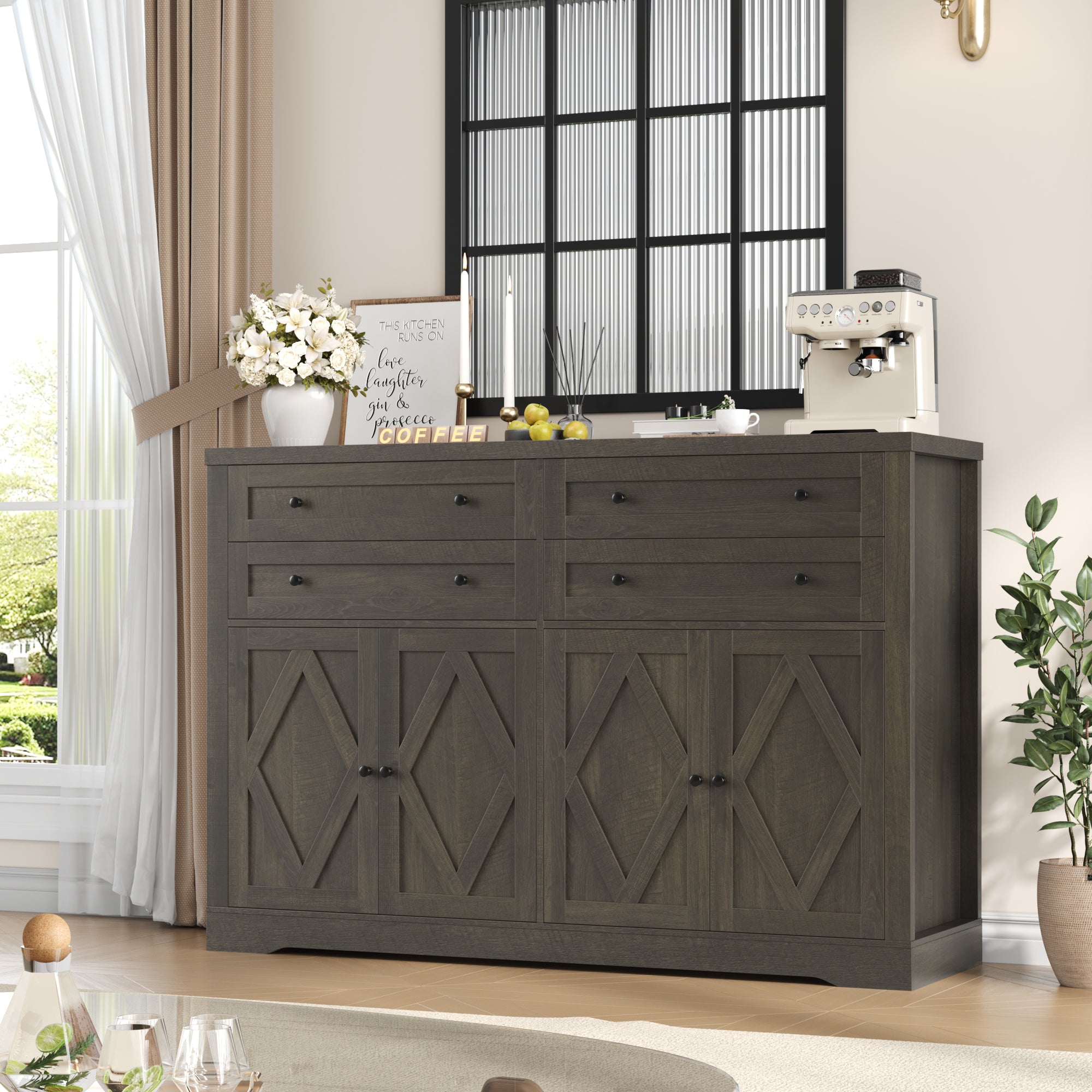 Hiphuta 55" Wide Farmhouse Buffet Storage Cabinets with 2 Adjustable Shelves & 4 Drawers for Living Room, Dark Brown