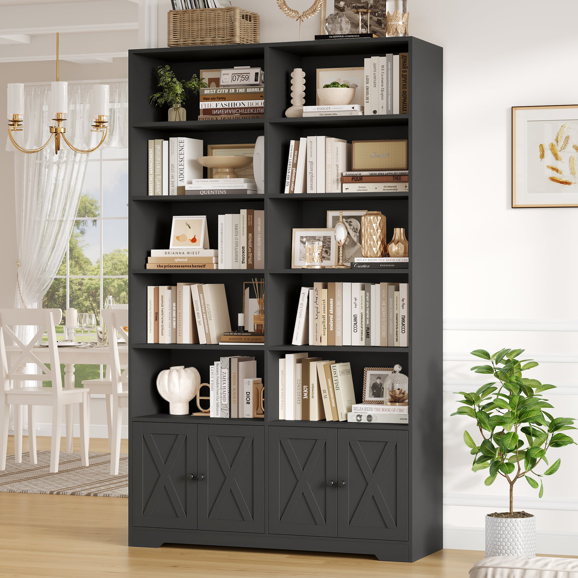Hiphuta 78"H x 47"W Bookcase with Doors, Tall Bookshelves with Storage, 5-Tier Shelves Freestanding Display Bookcase for Home Office and Living Room, Black