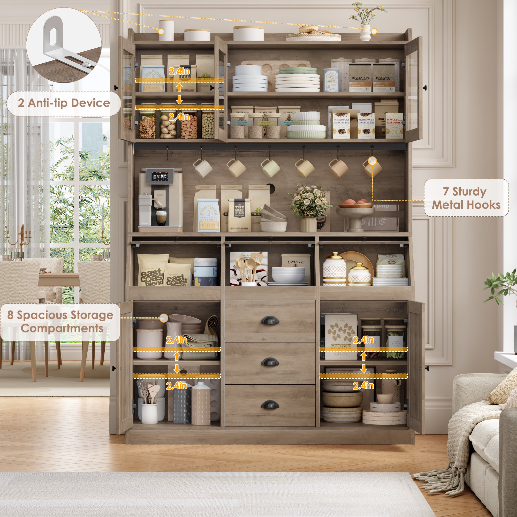Hiphuta Farmhouse Kitchen Pantry Storage Cabinet, 71”H Freestanding Hutch with 8 Doors and 3 Drawers for Dining and Living Room, Brown