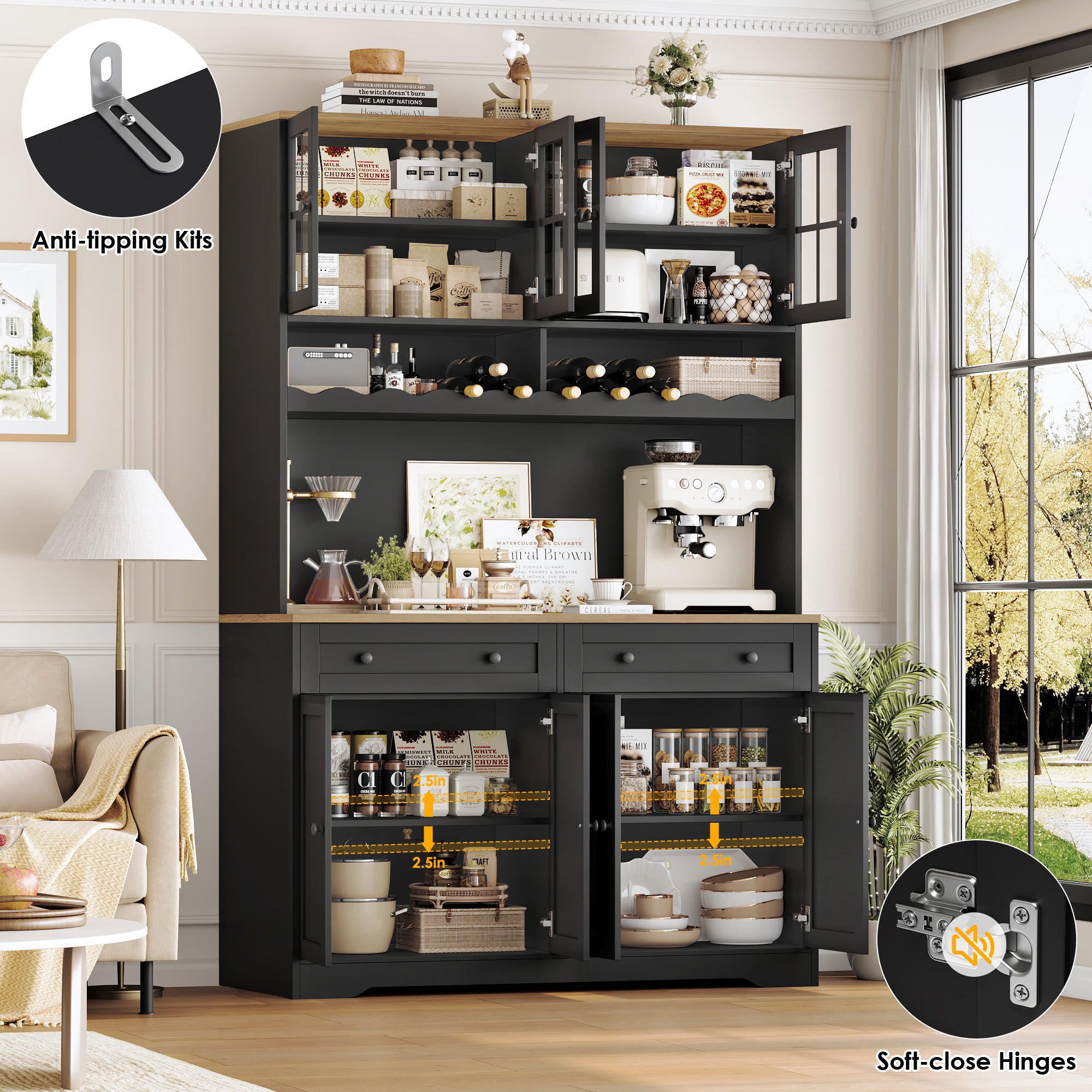 Hiphuta 75"Tall Kitchen Pantry Storage Cabinet with Power Outlet, Large Pantry Cabinet with Microwave Stand, Modern Freestanding Cupboard Hutch for Home Dinning Room, Black