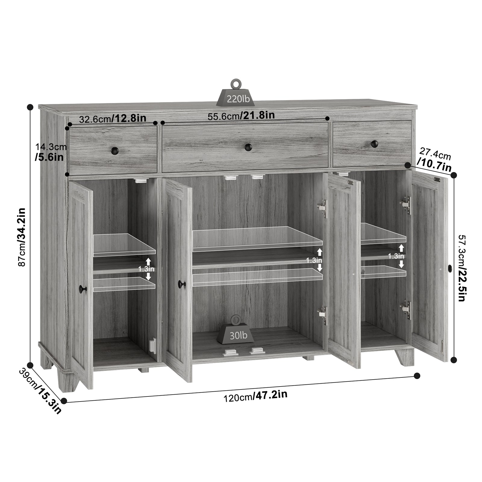 Hiphuta 47.2"W Buffet Sideboard, Wooden Storage Cabinet with 3 Drawers & 4 Doors, Wide Buffet Cabinet, Gray