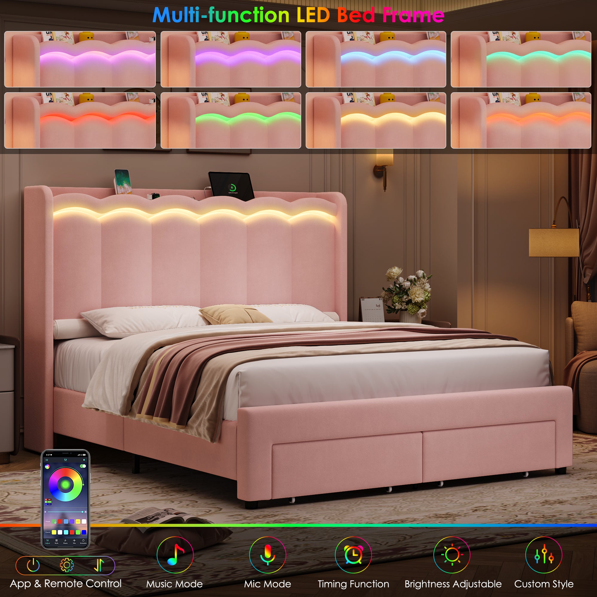 Hiphuta Queen Size Bed with Power Outlet & LED, Upholstered Velvet Beds with Drawer, Queen Beds with Headboard Storage, Pink