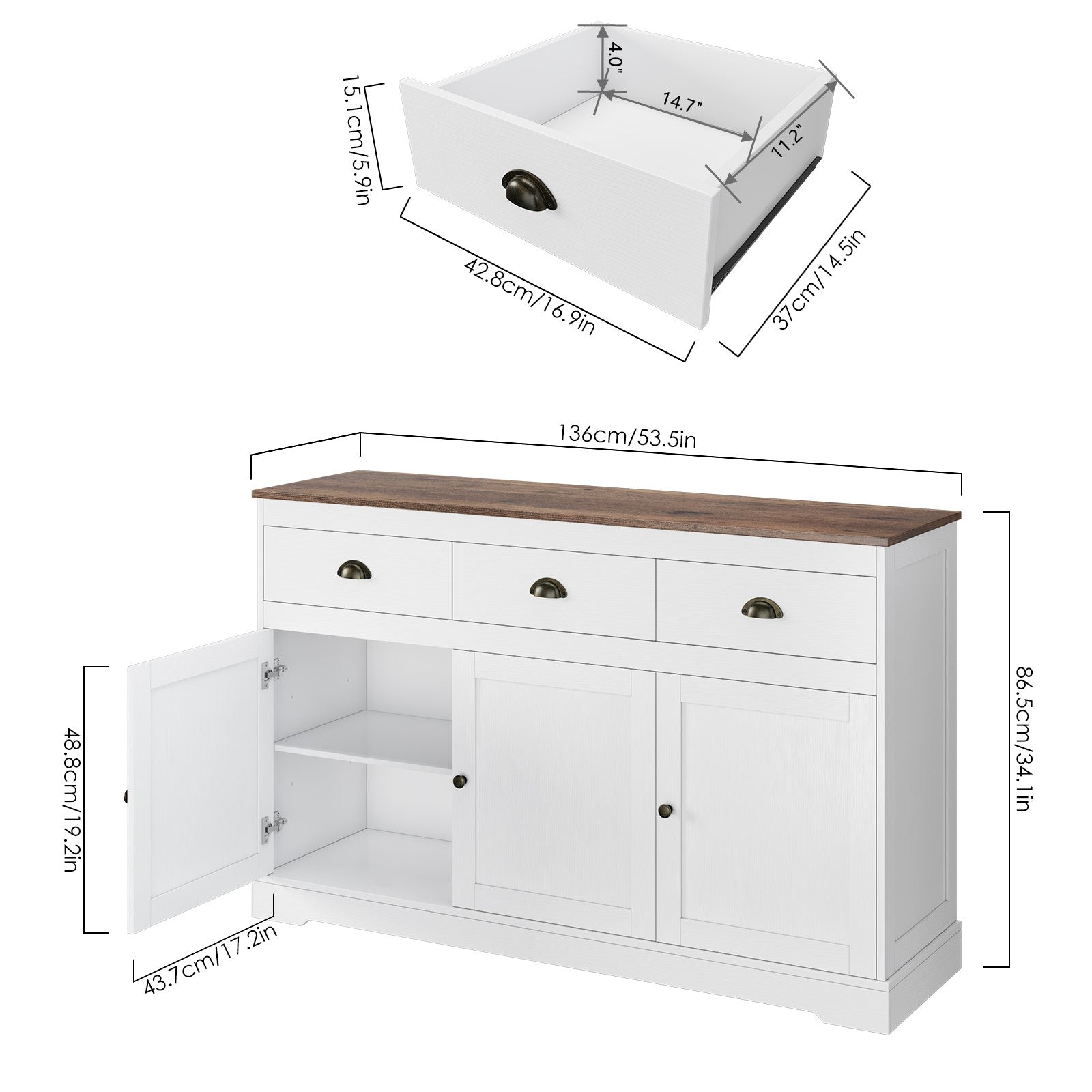 Hiphuta Sideboard Storage Cabinet with 3 Drawers & 3 Doors, 53.54"W Buffet Cabinet with Adjustable Shelves, White