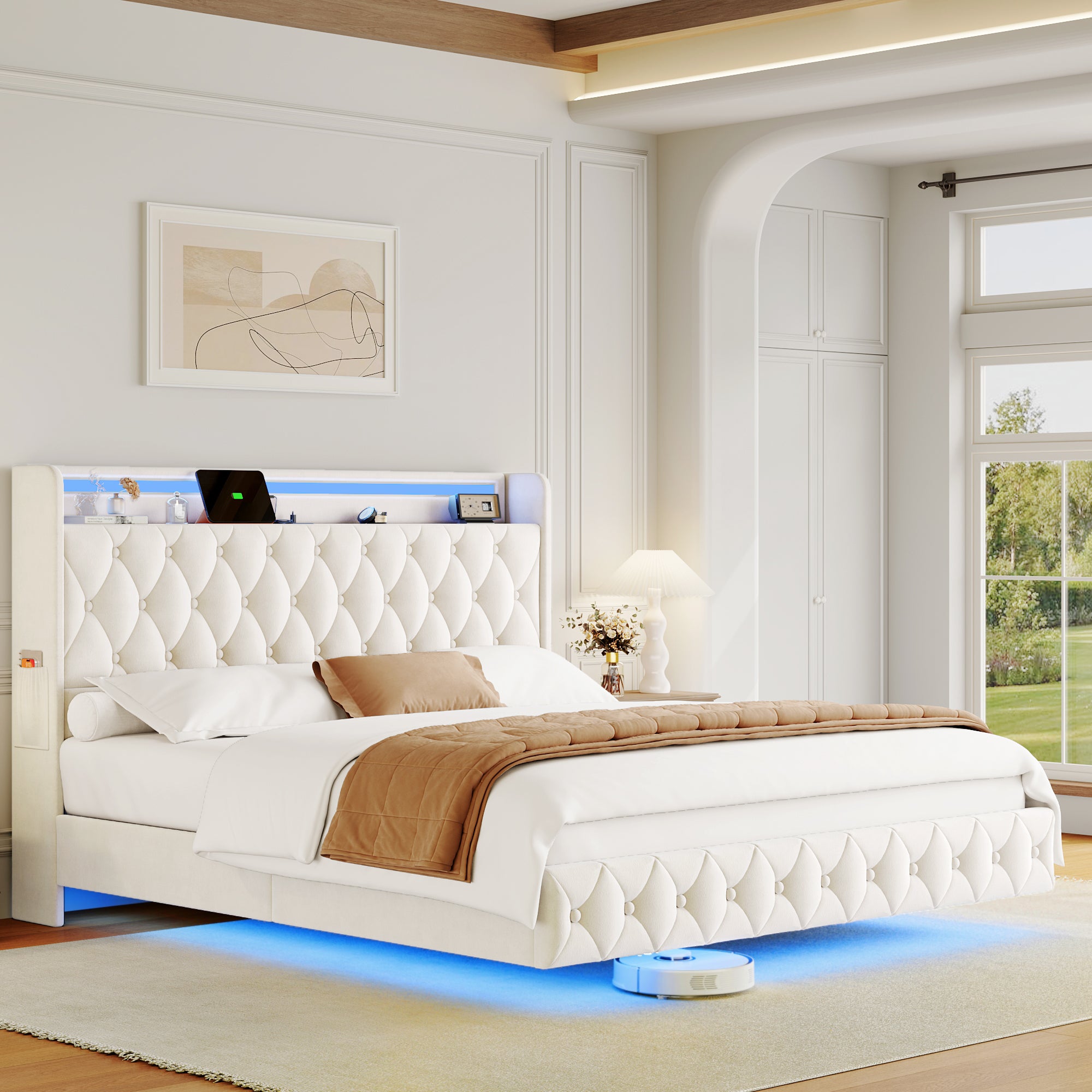 Hiphuta King Size Floating Bed Frame with LED Lights, Velvet Leather Platform Bed with Charging Station & Button Tufted Headboard Storage, No Box Spring Needed, White