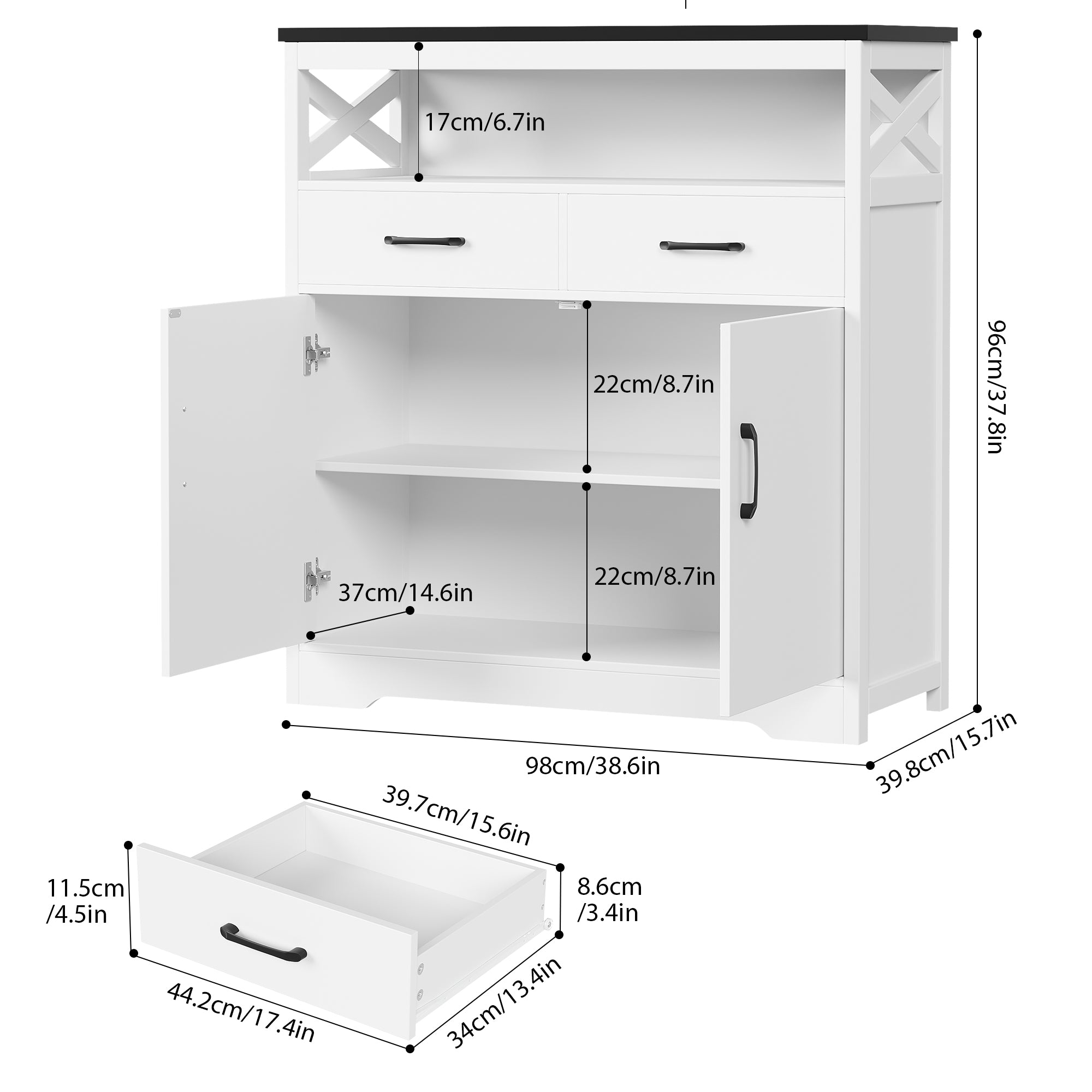 Hiphuta Modern Farmhouse Buffet Sideboard, Wood Cabinet with Shelves, Doors & 2 Drawers, Coffee Bar, Floor Cabinet Cupboard for Living Room, White