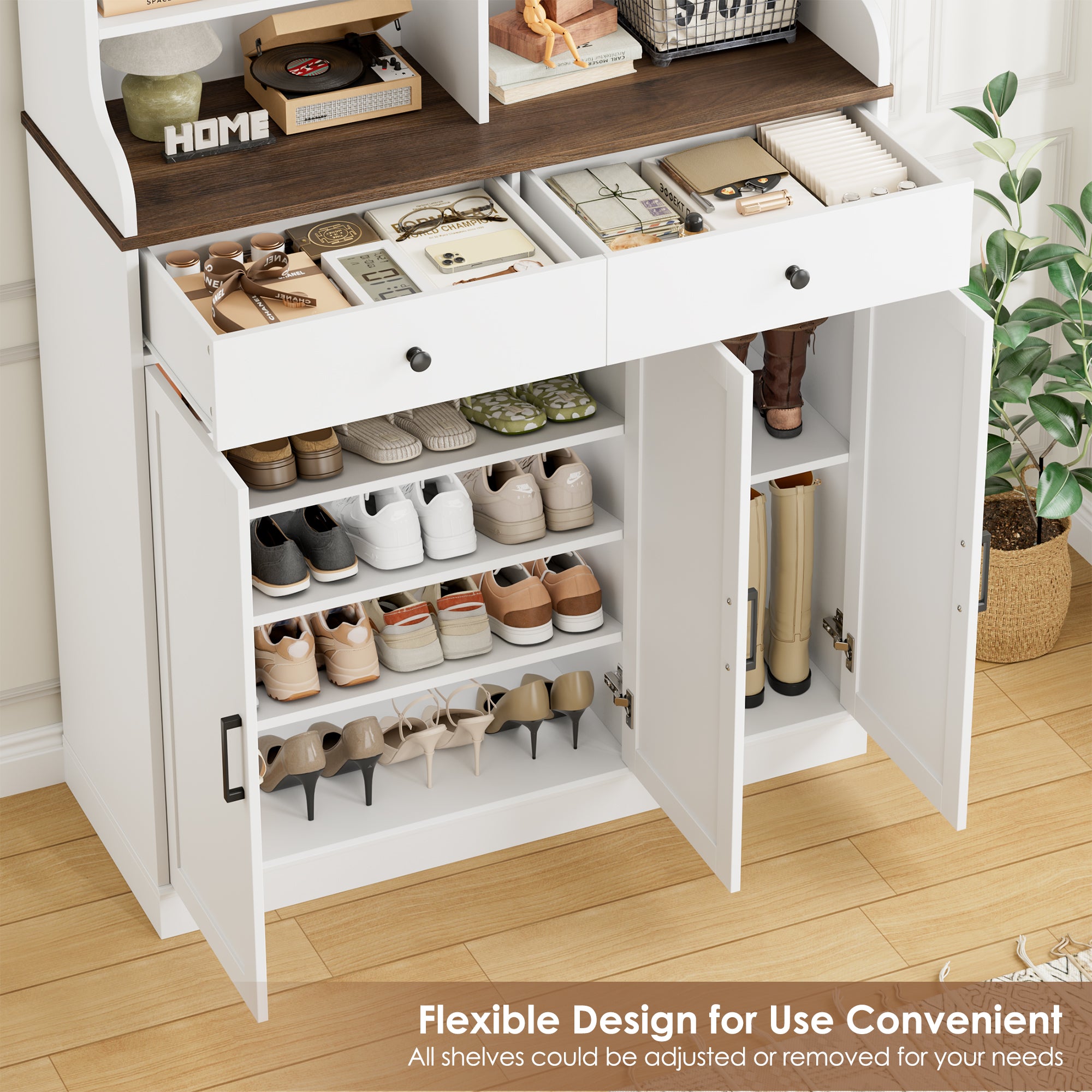 Hiphuta 73” Tall Shoe Cabinet with Doors and 2 Drawers, Hidden Shoe Storage Cabinet with Hanging Hooks, Wood Shoe Rack Organizer for Entryway, Hallway and Living Room, White