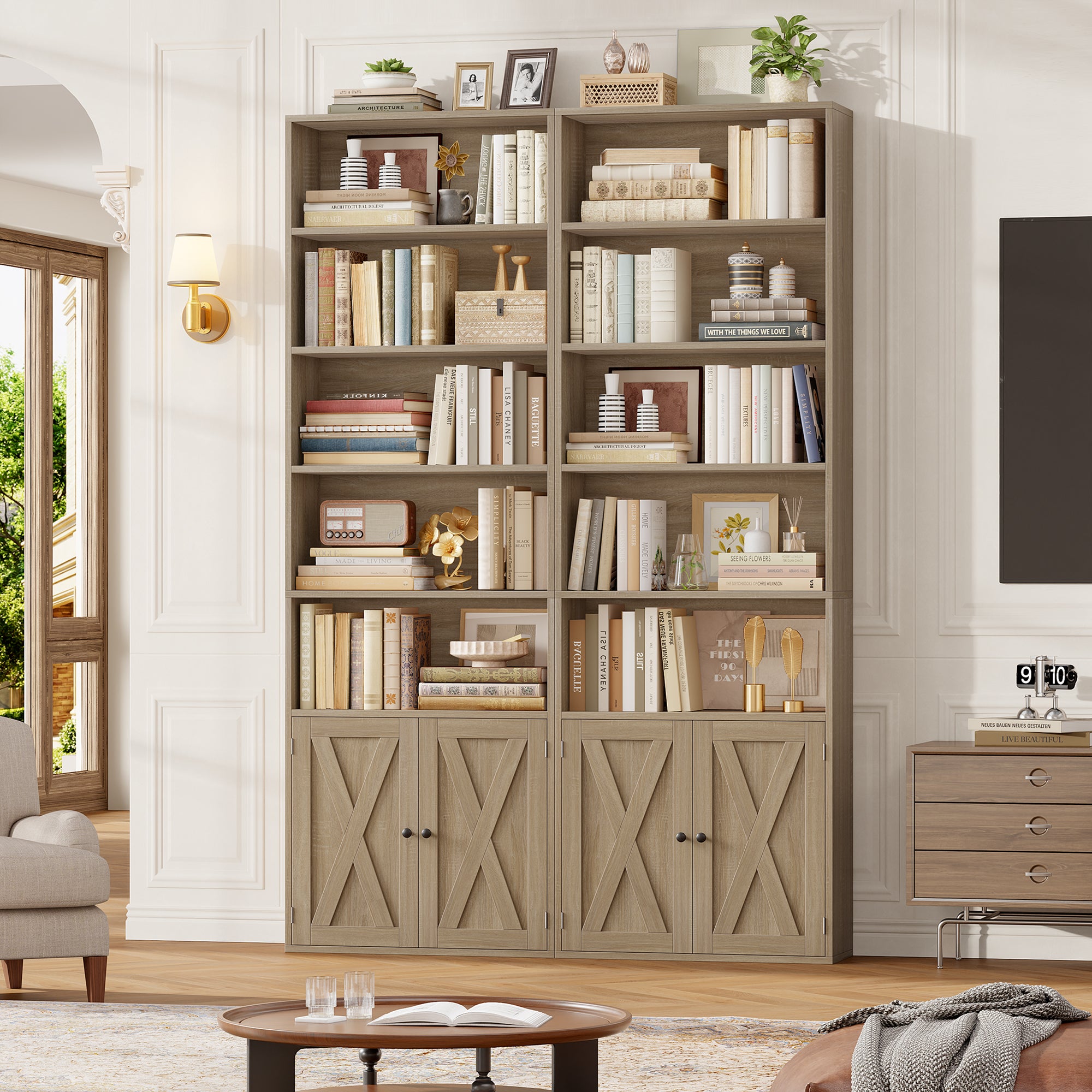 Hiphuta 82.3" Tall Bookcase with Doors, 5-Tier Bookshelves with Storage, 23.6"W Display Shelf with 2 Doors for Home Office, Living Room, Light Oak