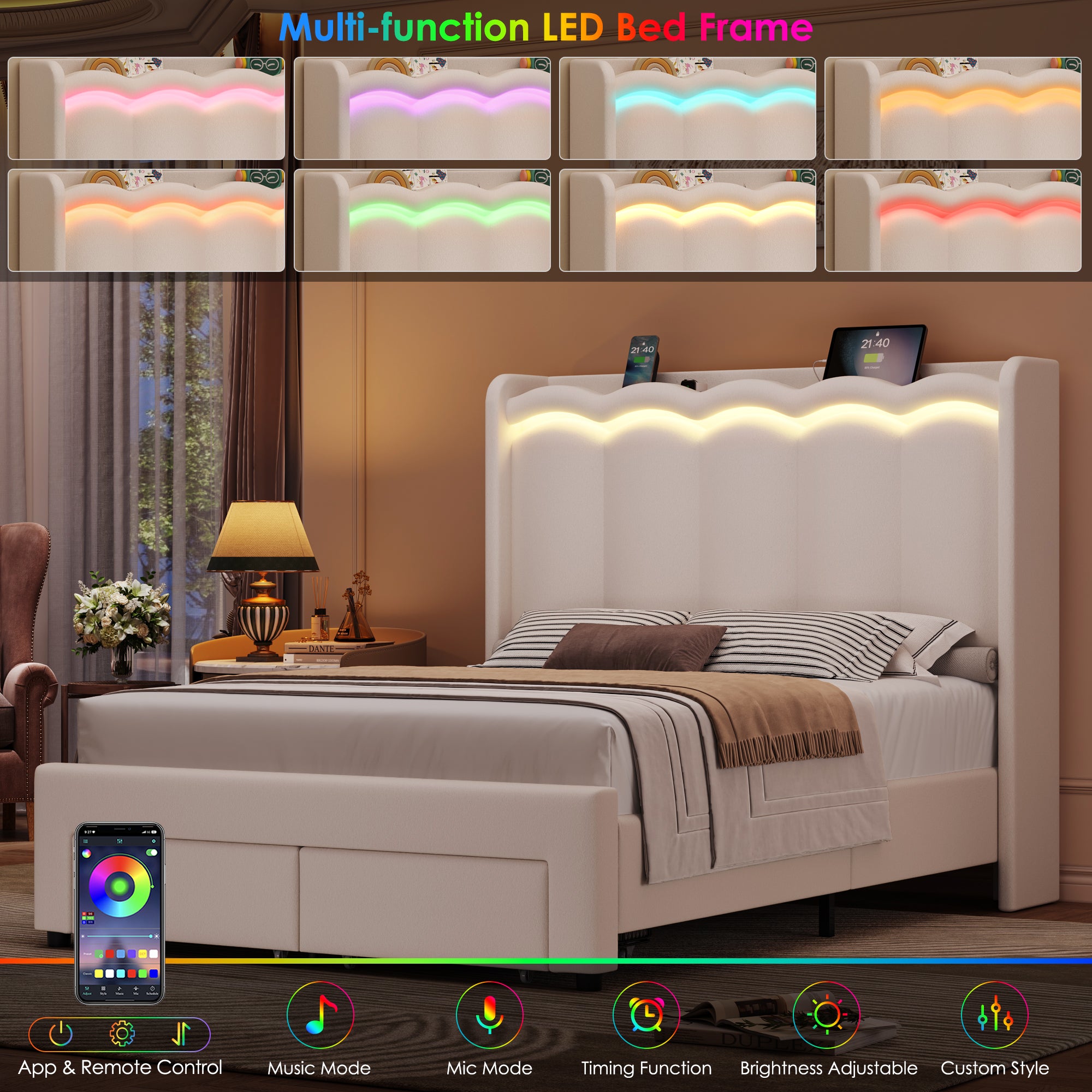 Hiphuta Full Size Bed with Power Outlet & LED, Upholstered Princess Beds with Drawer, Full Beds with Headboard Storage, Beige