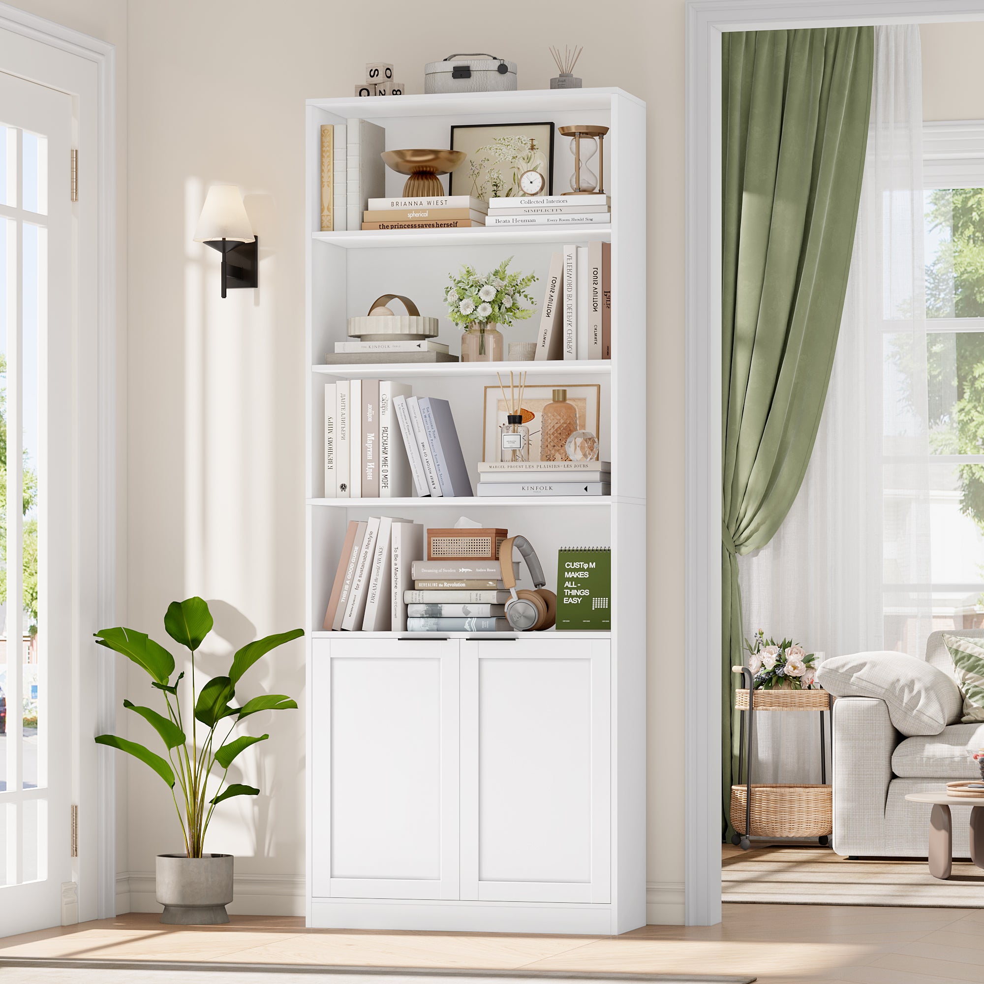 Hiphuta 73" Tall 6 tier Bookcase, Minimalist Single Row Bookshelf with 2 Doors, Modern Wooden Bookcase for Office, Living Room, White