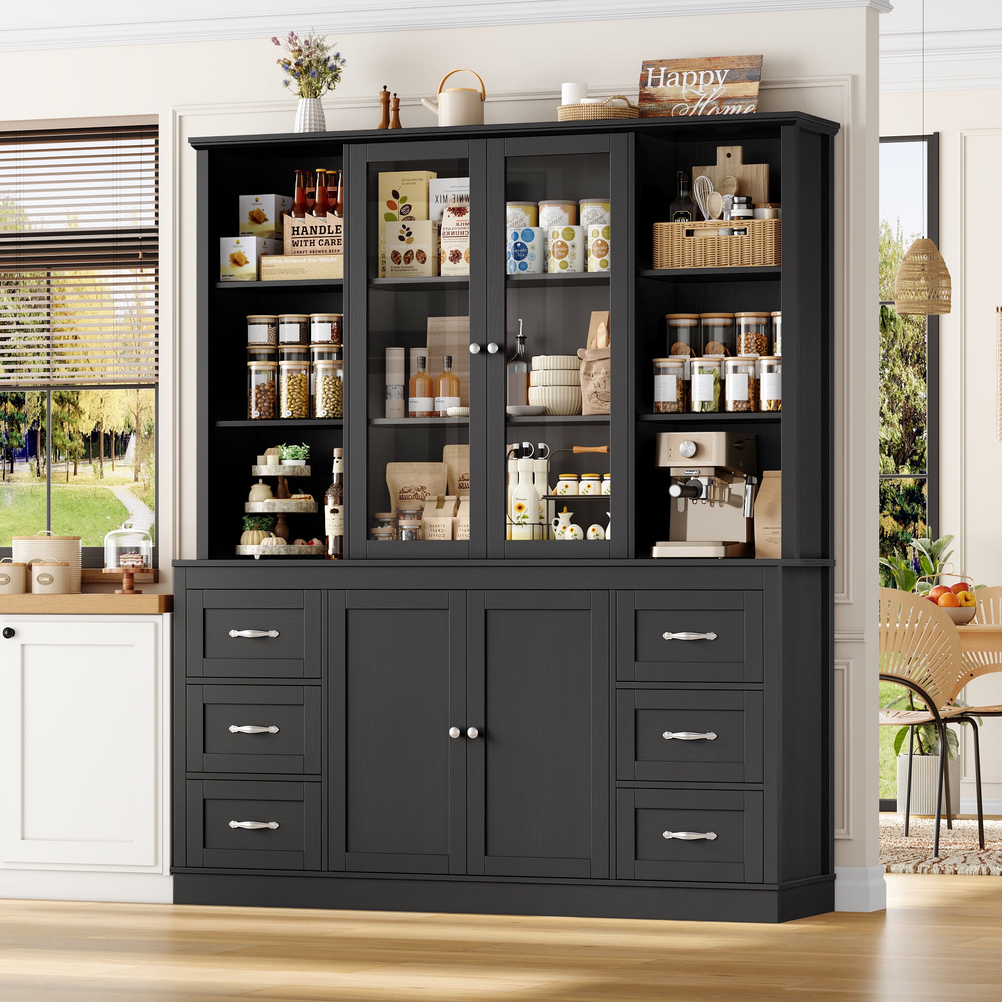 Hiphuta Kitchen Pantry Cabinet with Glass Door, 74" Tall Large Bookcase with drawer and Door, Large Storage Cabinet for Kitchen, Dining Room, Office, Black