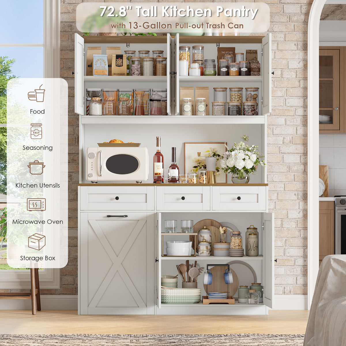 Hiphuta 73” Tall Kitchen Pantry Cabinet Fits 13 Gallon Trash Can Cabinet, Farmhouse Kitchen Storage Hutch with Pull Out Trash Can Storage for Dining Room Living Room, White