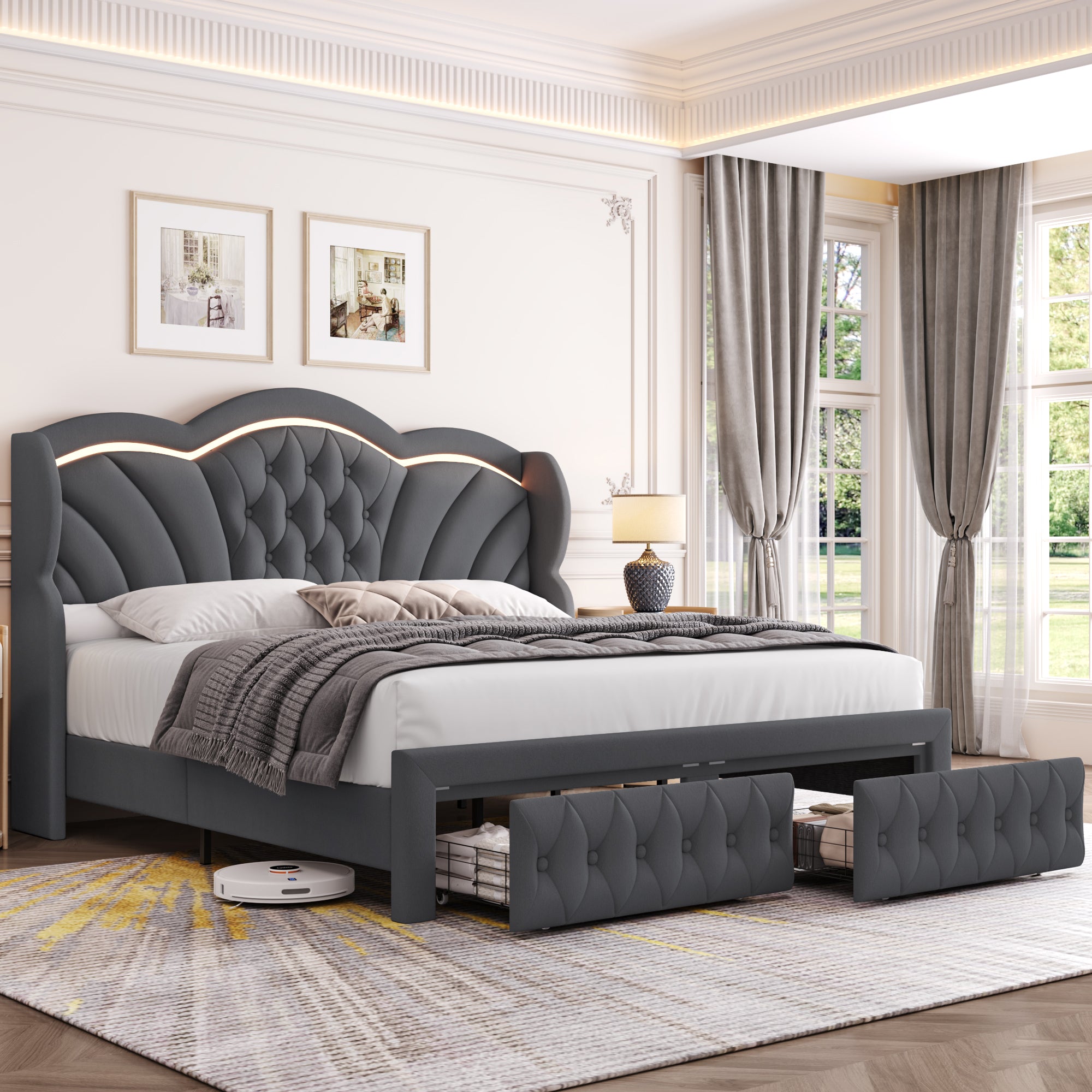 Hiphuta Queen LED Bed with 2 Drawers, LED Lights Platform Bed Frame with Upholstered Button Tufted Headboard, No Box Spring Needed, Velvet Gray