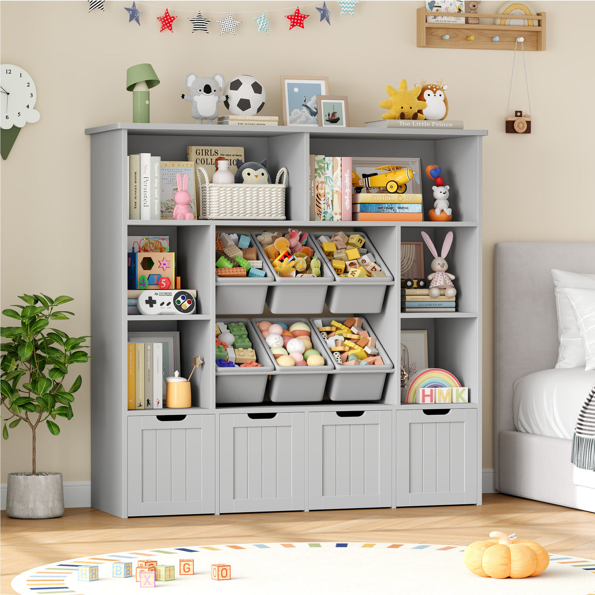 Hiphuta Large 4 Tier Kids Toy Organizer, Wood Toy Organizer of 6 Bins& 4 Removable Drawers, Children's Bookcase for Family Room, Gray