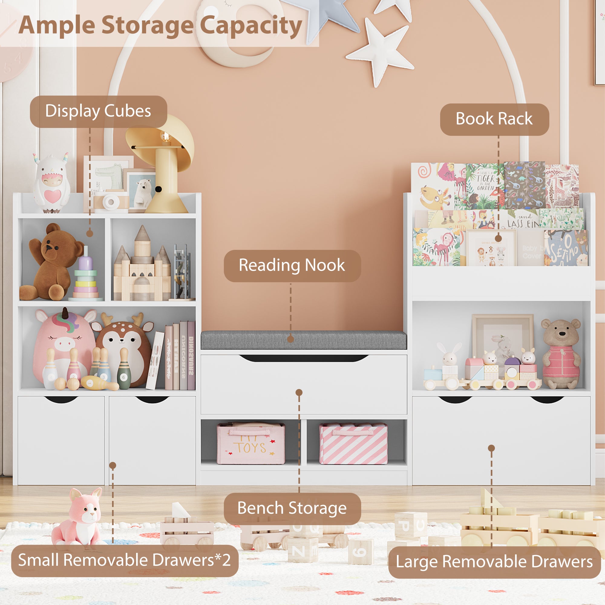 Hiphuta Kids Bookshelf with Reading Nook, Bookcase with Seat Detachable Cushion, Storage Bench with Book Rack, White