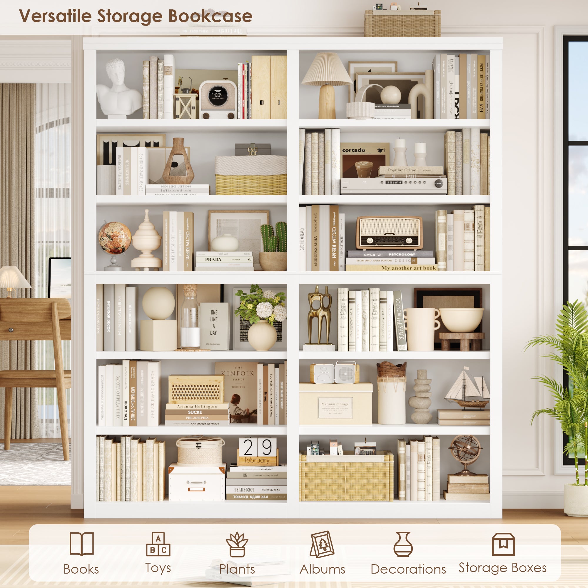 Hiphuta 63"W Extra Large and Sturdy Bookcase, Double Wide 6-Tier Bookshelf, Tall Bookcase for Home Office and Living Room, Wooden Freestanding Display Shelf, White